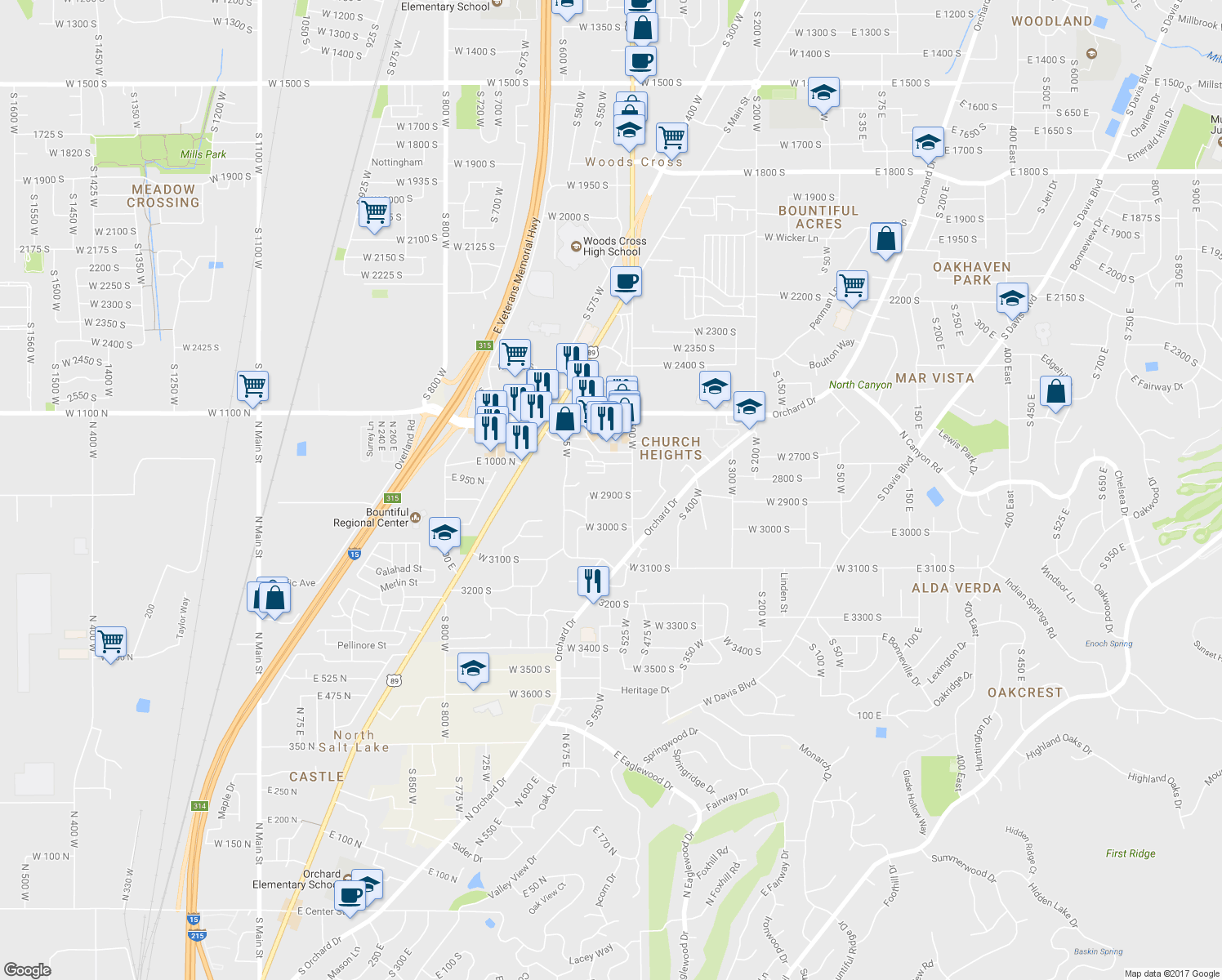 map of restaurants, bars, coffee shops, grocery stores, and more near 528 West 2900 South in Bountiful