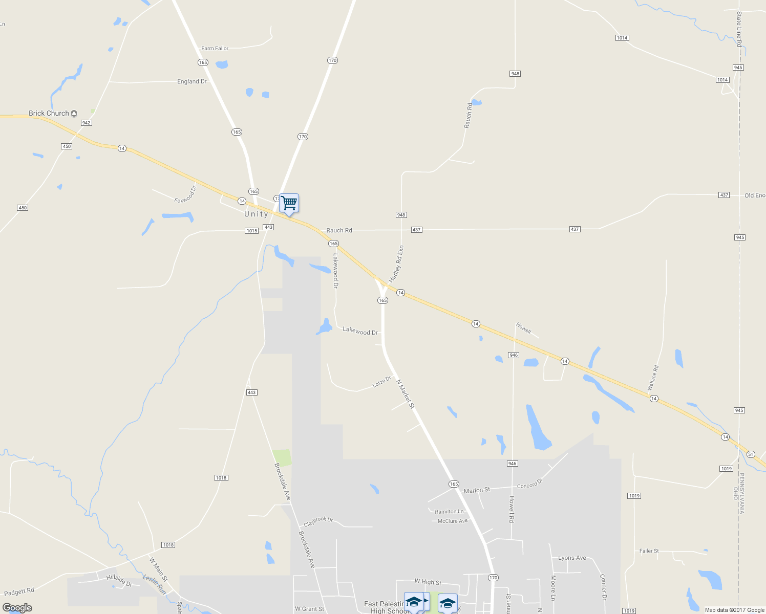 map of restaurants, bars, coffee shops, grocery stores, and more near 2124 Ohio 165 in East Palestine