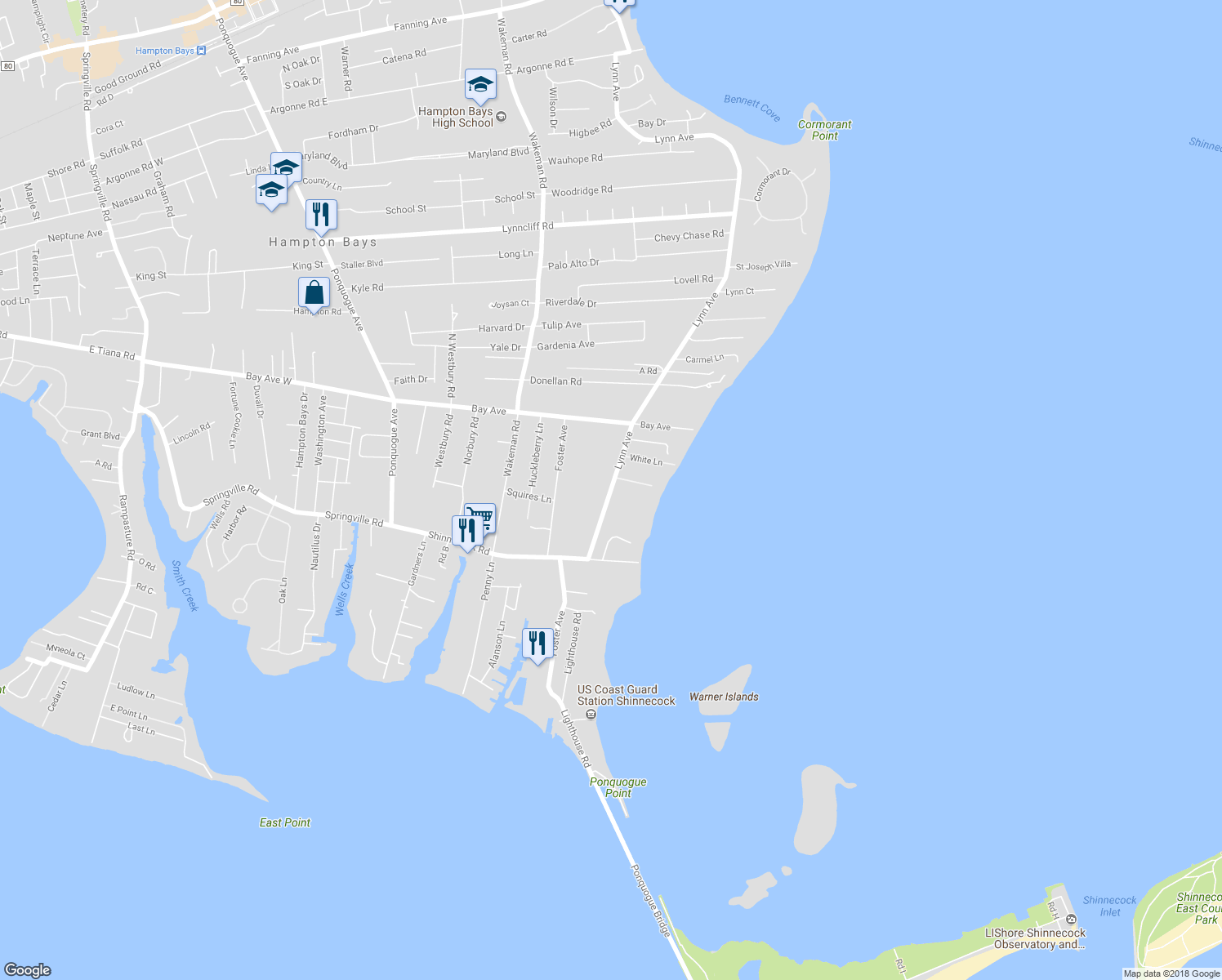 map of restaurants, bars, coffee shops, grocery stores, and more near 151 Lynn Avenue in Hampton Bays