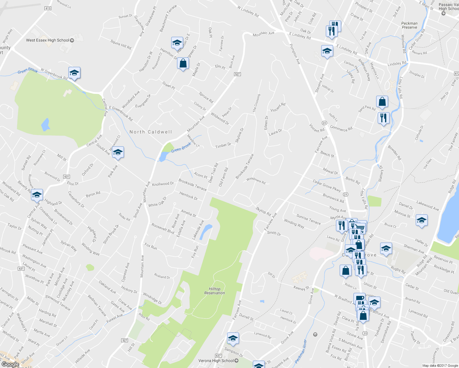 map of restaurants, bars, coffee shops, grocery stores, and more near 37 Brookside Terrace in Caldwell