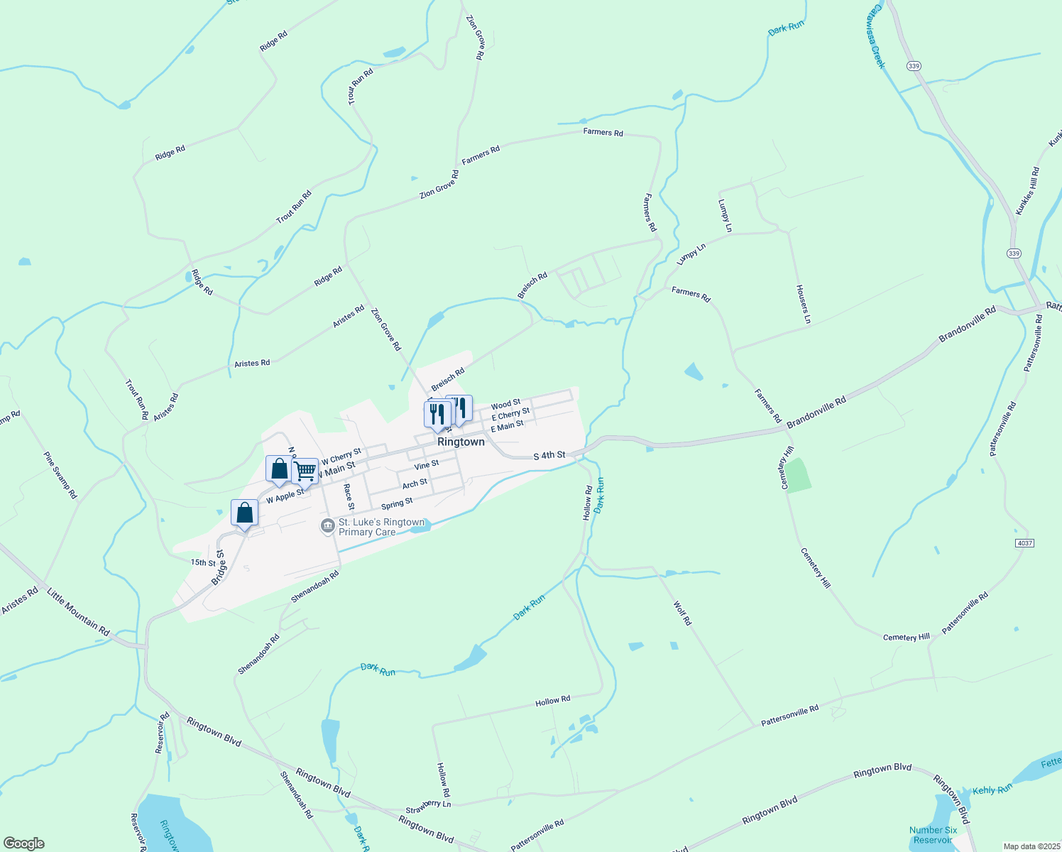 map of restaurants, bars, coffee shops, grocery stores, and more near 170 E Main St in Ringtown