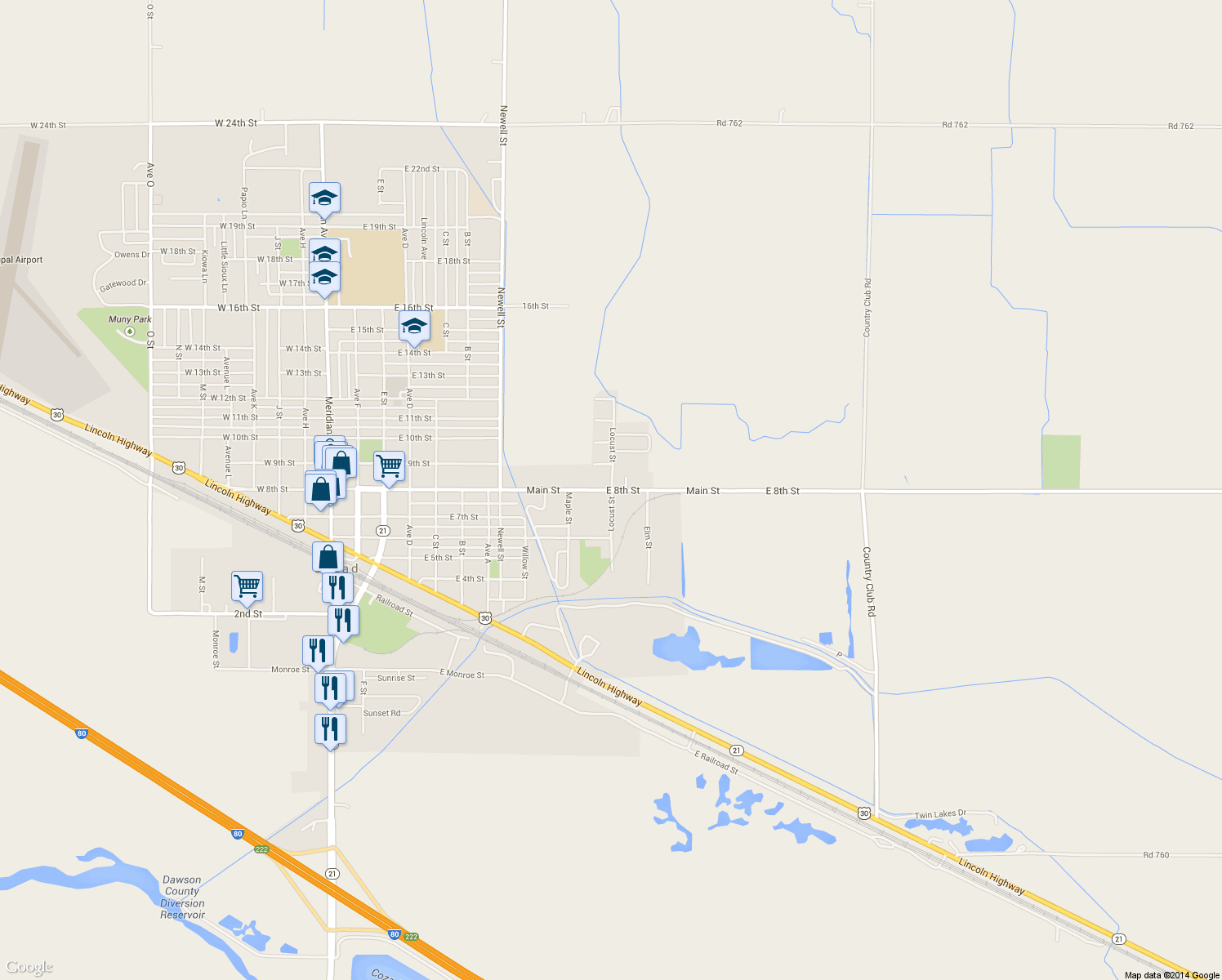map of restaurants, bars, coffee shops, grocery stores, and more near 1298 East 8th Street in Cozad
