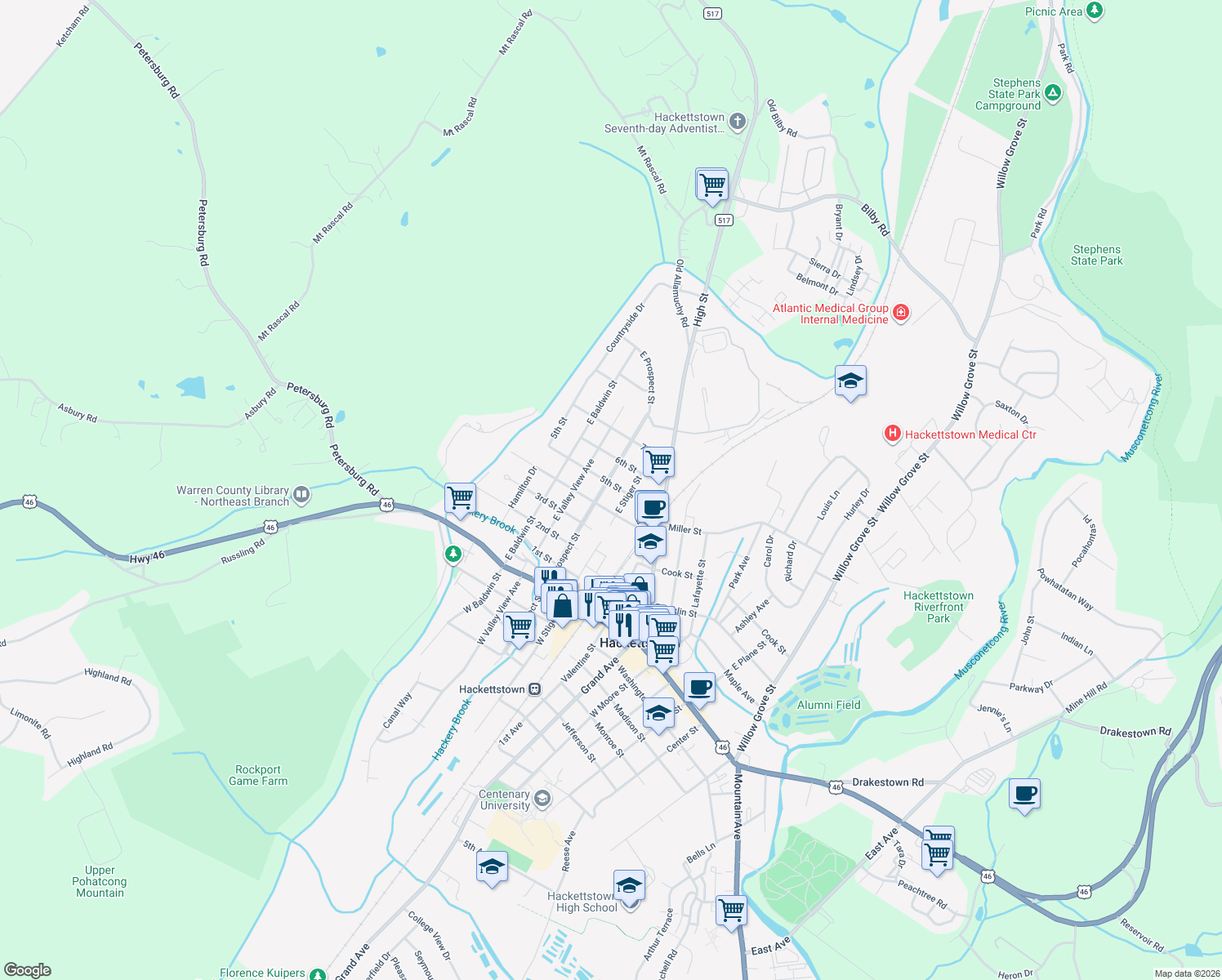 map of restaurants, bars, coffee shops, grocery stores, and more near 208 5th Street in Hackettstown