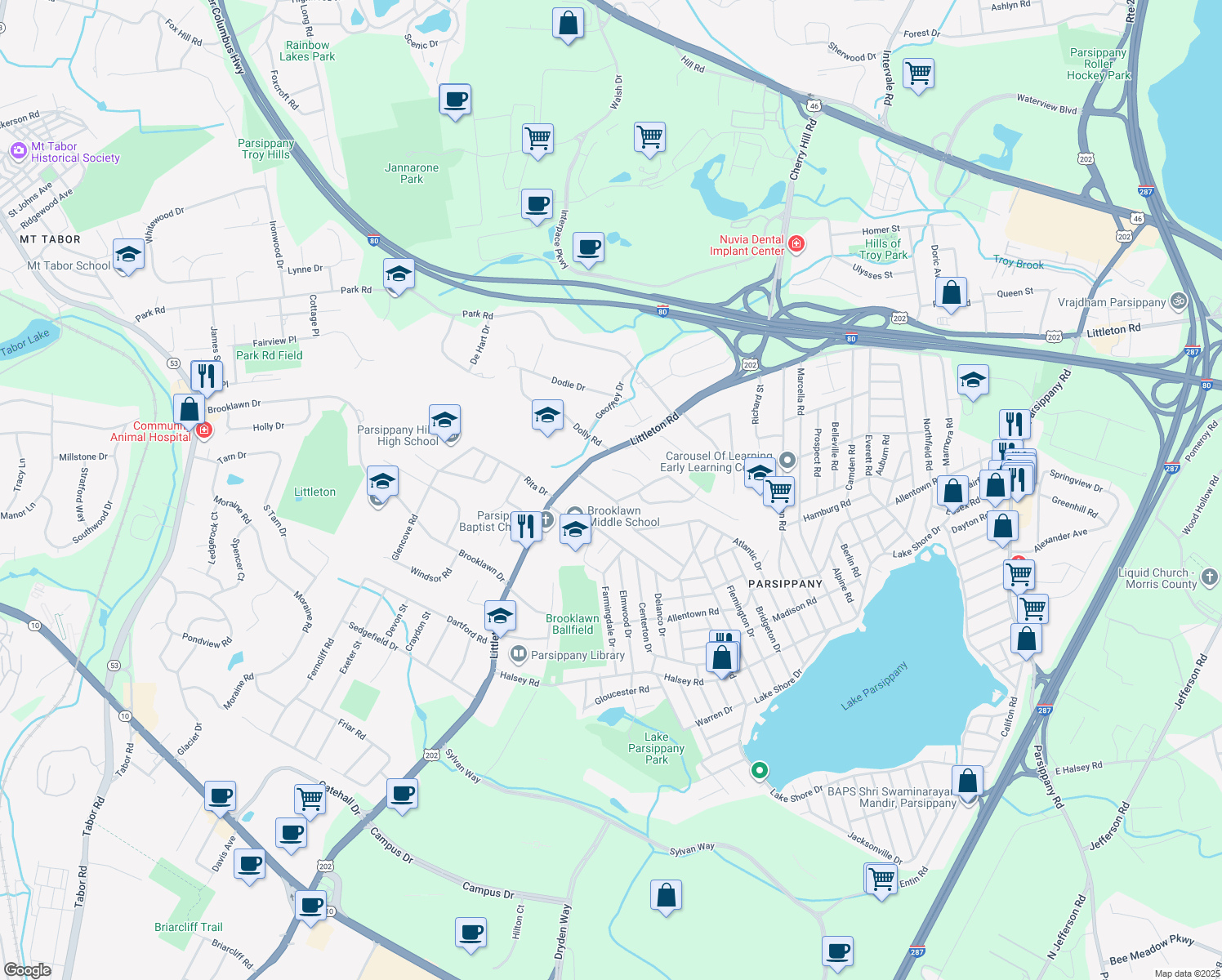 map of restaurants, bars, coffee shops, grocery stores, and more near 51 Fieldcrest Road in Parsippany-Troy Hills