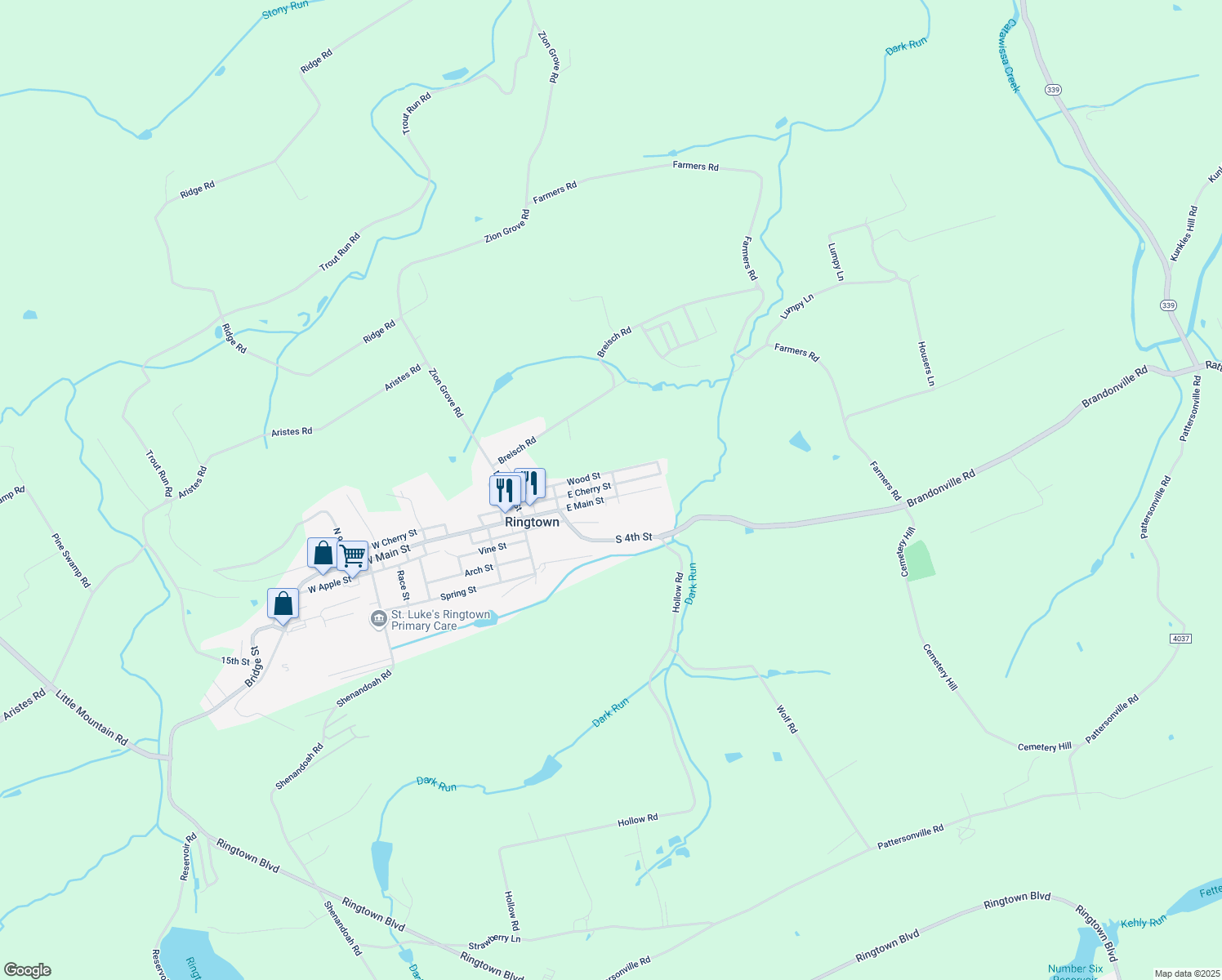 map of restaurants, bars, coffee shops, grocery stores, and more near 179 E Main St in Ringtown
