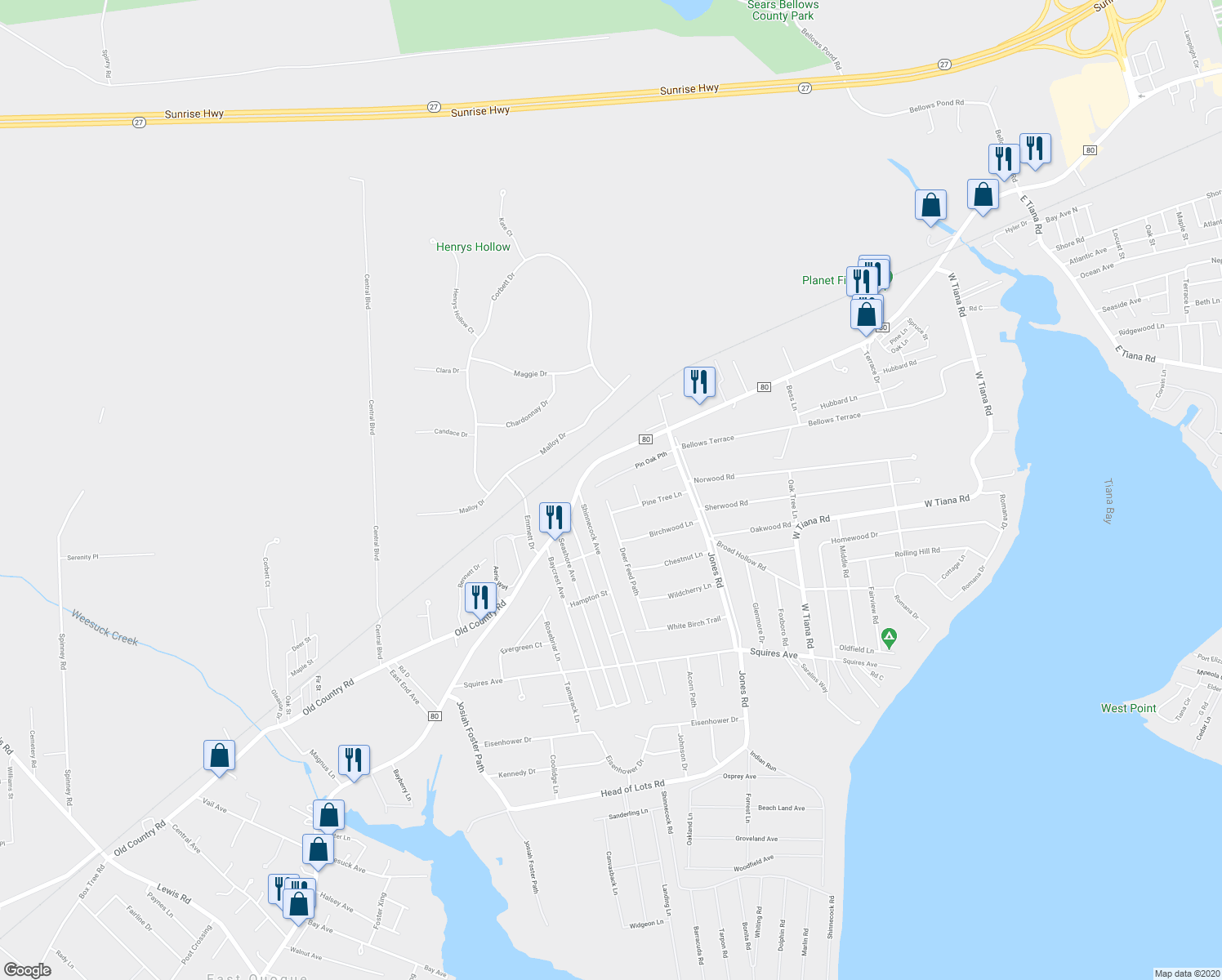 map of restaurants, bars, coffee shops, grocery stores, and more near 3 Deer Feed Path in East Quogue