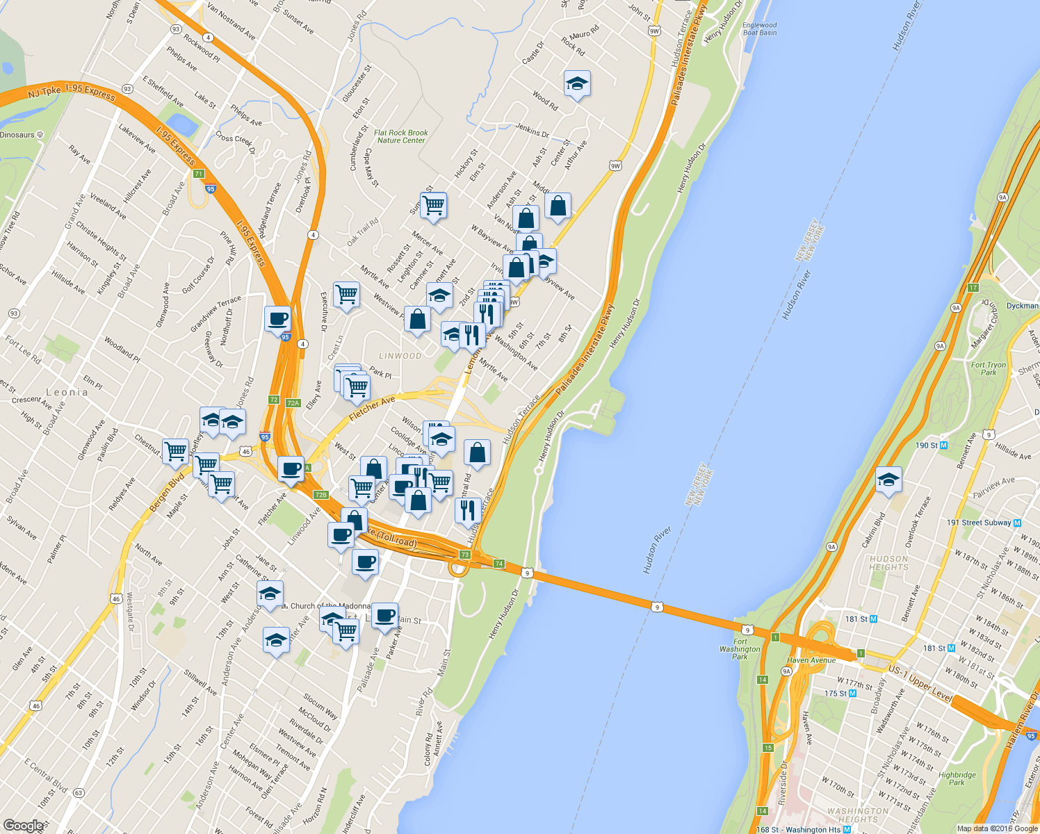 map of restaurants, bars, coffee shops, grocery stores, and more near 2339 Hudson Terrace in Fort Lee