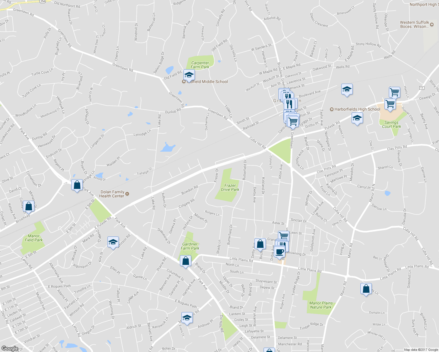 map of restaurants, bars, coffee shops, grocery stores, and more near 44 Frazer Drive in Greenlawn
