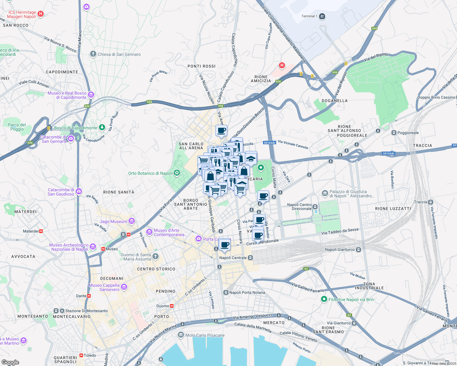 map of restaurants, bars, coffee shops, grocery stores, and more near 13 Via San Attanasio in Napoli