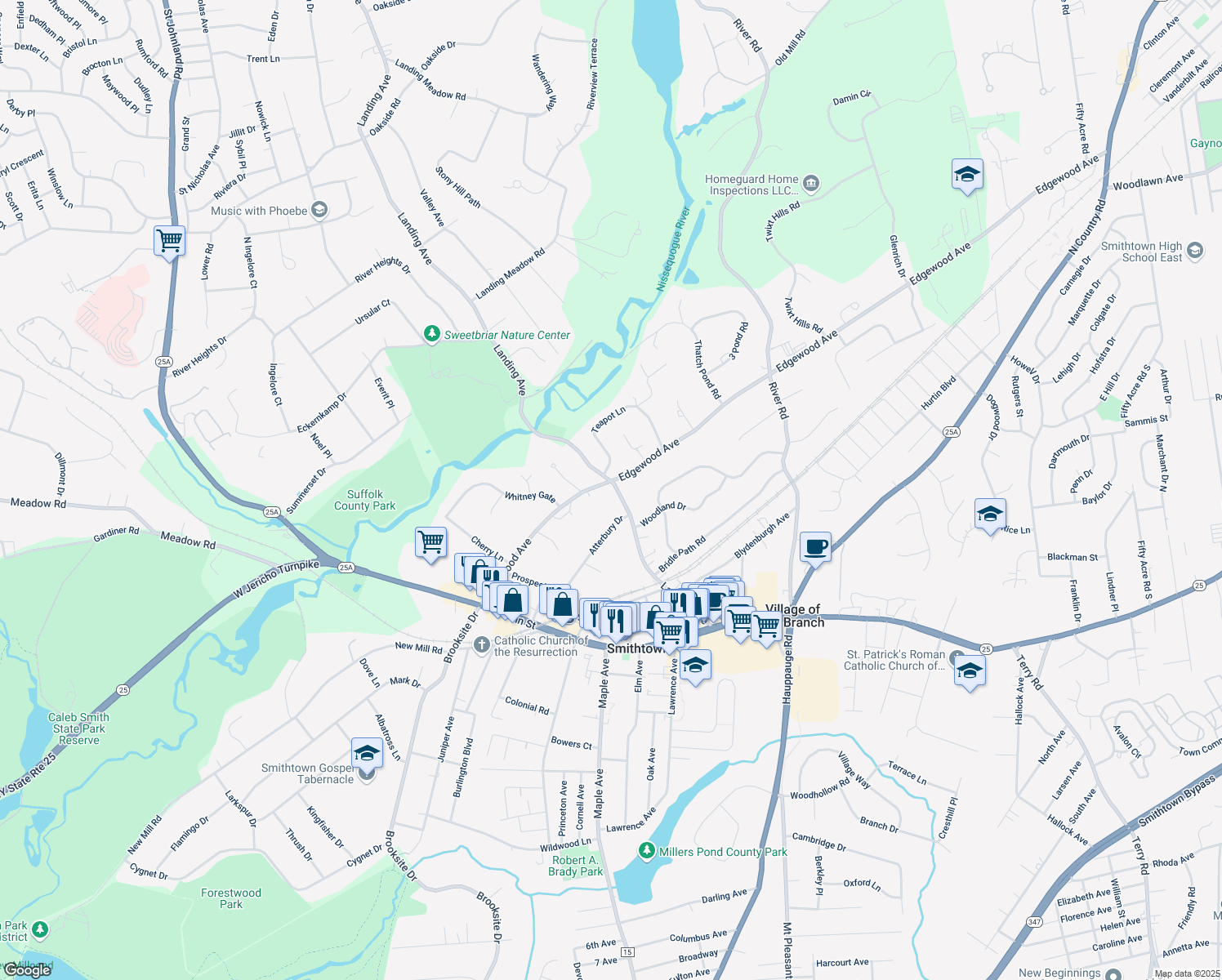 map of restaurants, bars, coffee shops, grocery stores, and more near 172 Landing Avenue in Smithtown