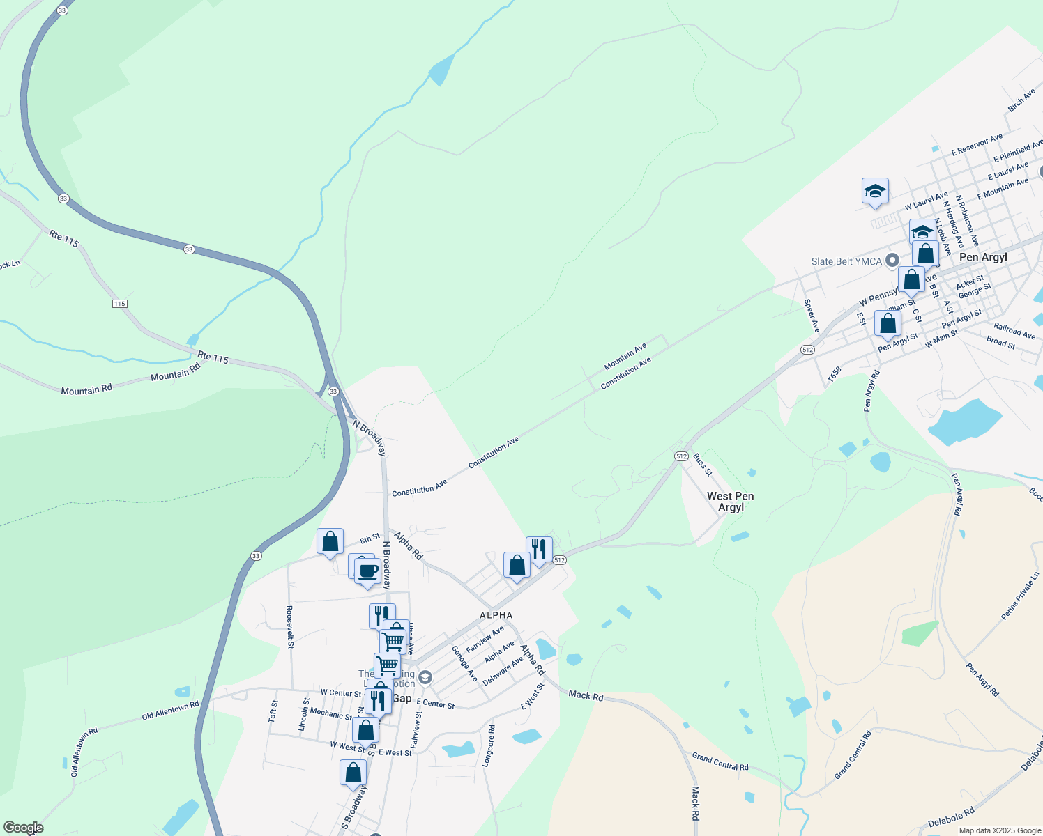 map of restaurants, bars, coffee shops, grocery stores, and more near 1045 Constitution Ave in Pen Argyl