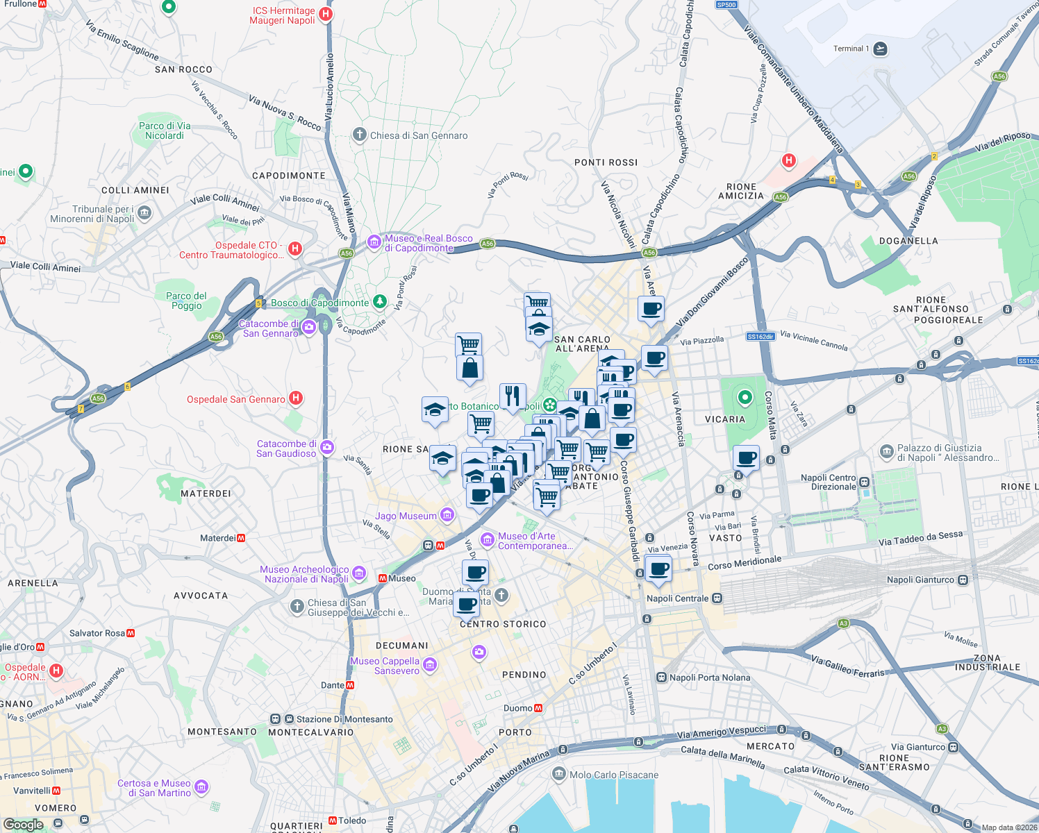 map of restaurants, bars, coffee shops, grocery stores, and more near 6-14 Via Veterinaria in Naples