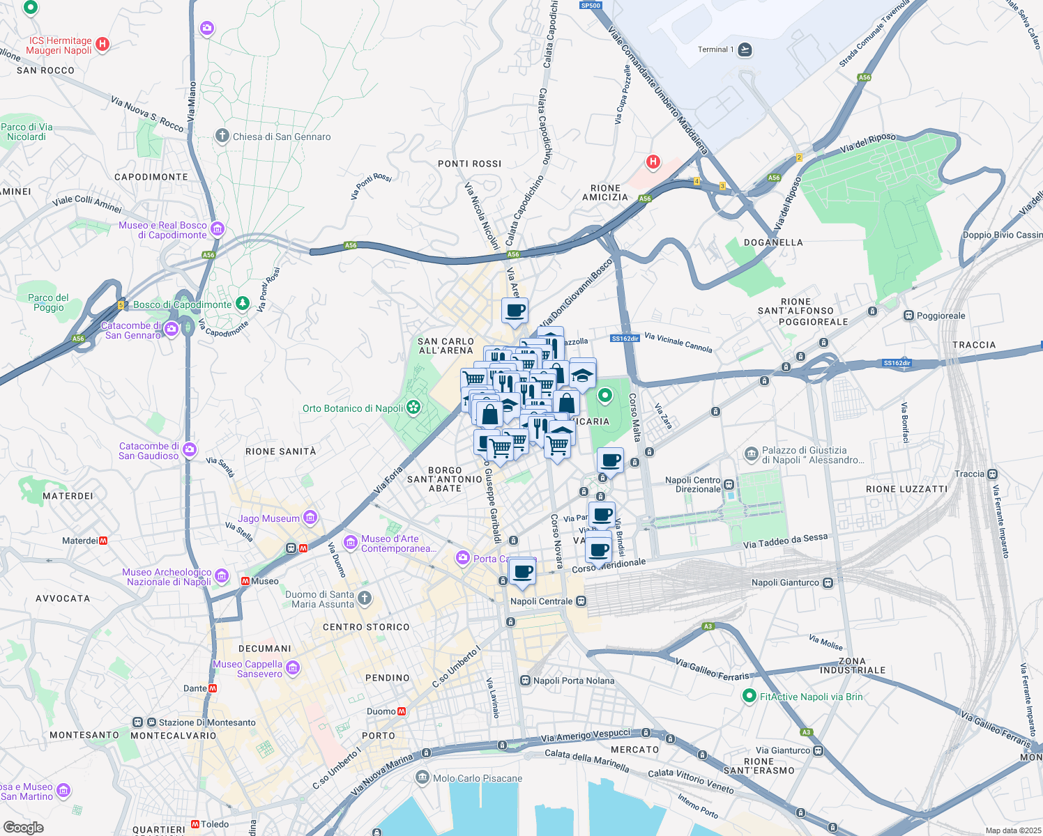 map of restaurants, bars, coffee shops, grocery stores, and more near 1-13 Via S. Attanasio in Naples