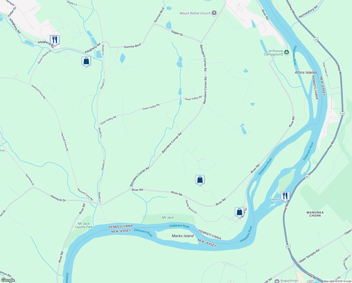 map of restaurants, bars, coffee shops, grocery stores, and more near 415 Belvidere Corner Road in Mount Bethel
