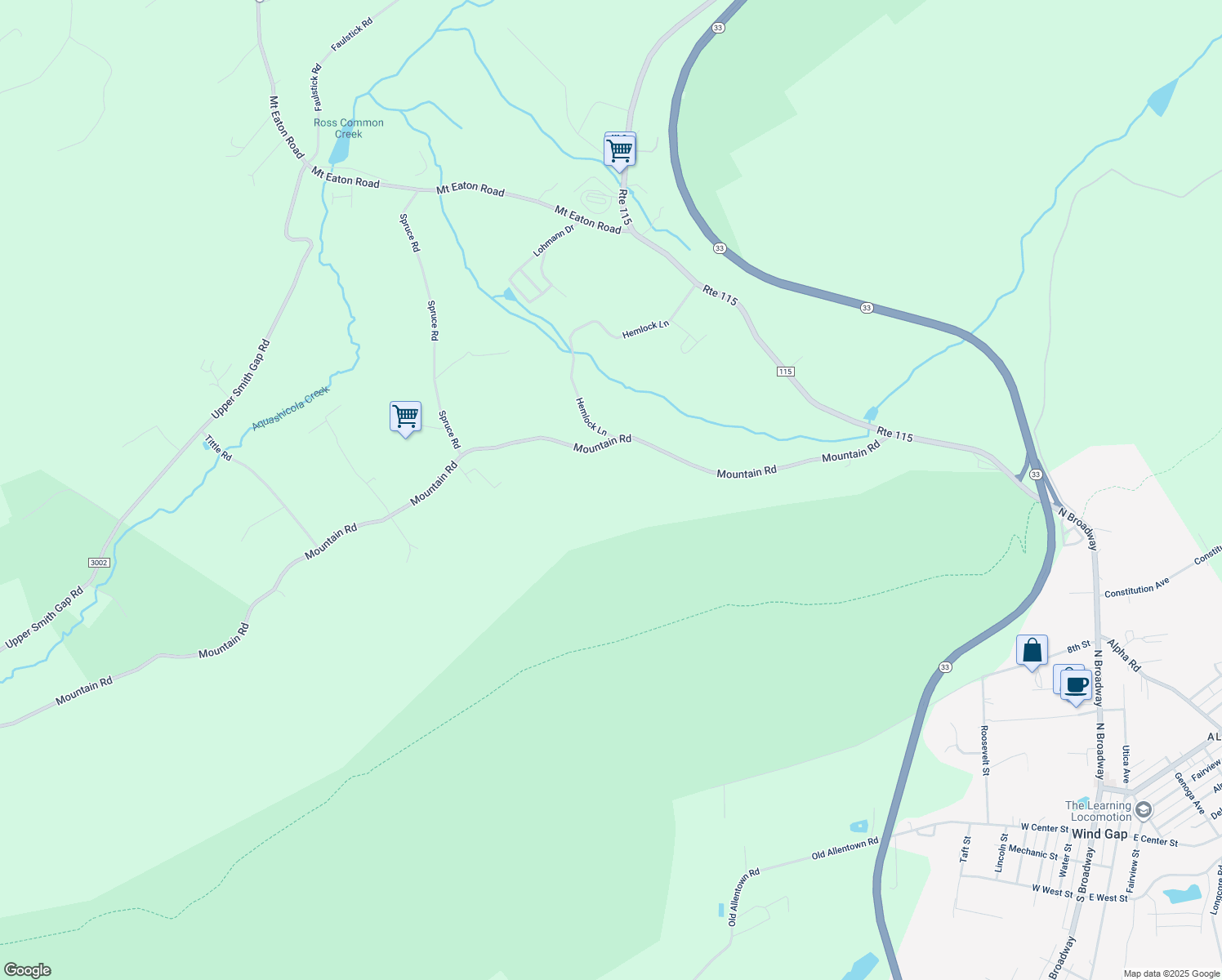 map of restaurants, bars, coffee shops, grocery stores, and more near 3180 Mountain Road in Saylorsburg