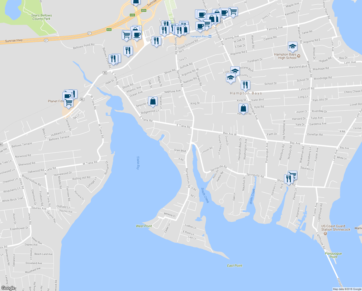 map of restaurants, bars, coffee shops, grocery stores, and more near 3 Jefferson Avenue in Hampton Bays