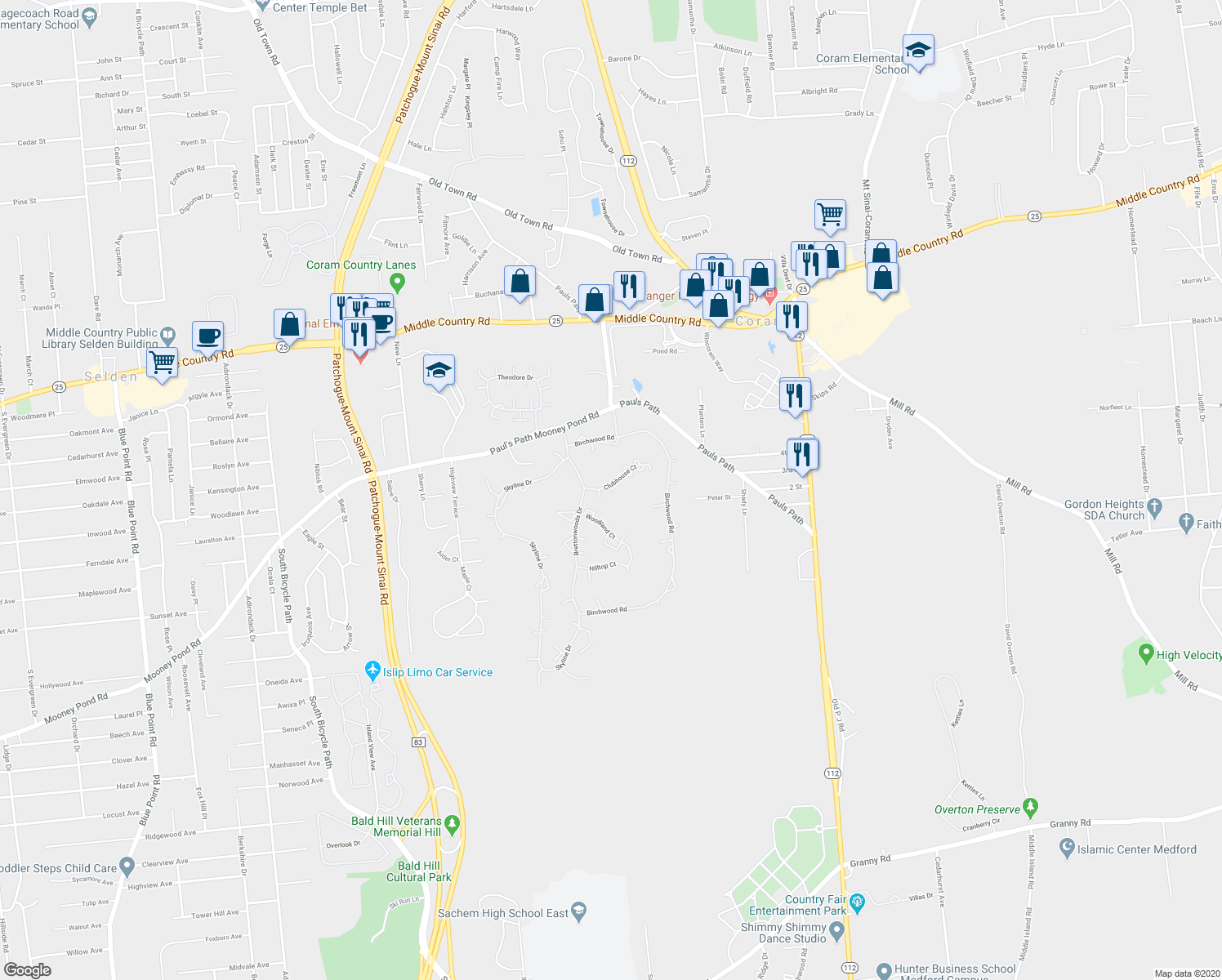 map of restaurants, bars, coffee shops, grocery stores, and more near 431 Clubhouse Court in Coram