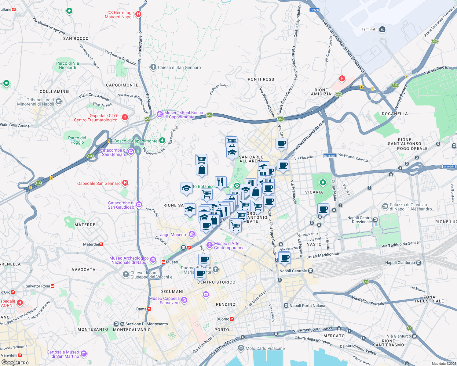 map of restaurants, bars, coffee shops, grocery stores, and more near 14 Via della Veterinaria in Napoli