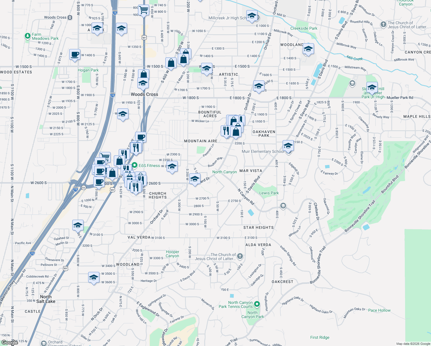 map of restaurants, bars, coffee shops, grocery stores, and more near 28 Orchard Drive in Bountiful