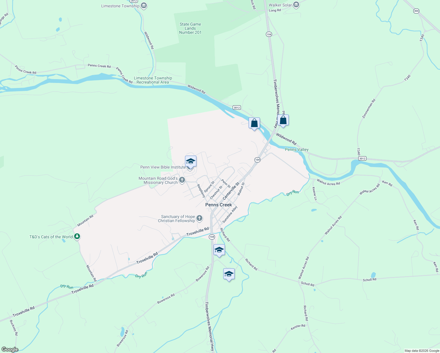 map of restaurants, bars, coffee shops, grocery stores, and more near 307 Penn St in Middleburg