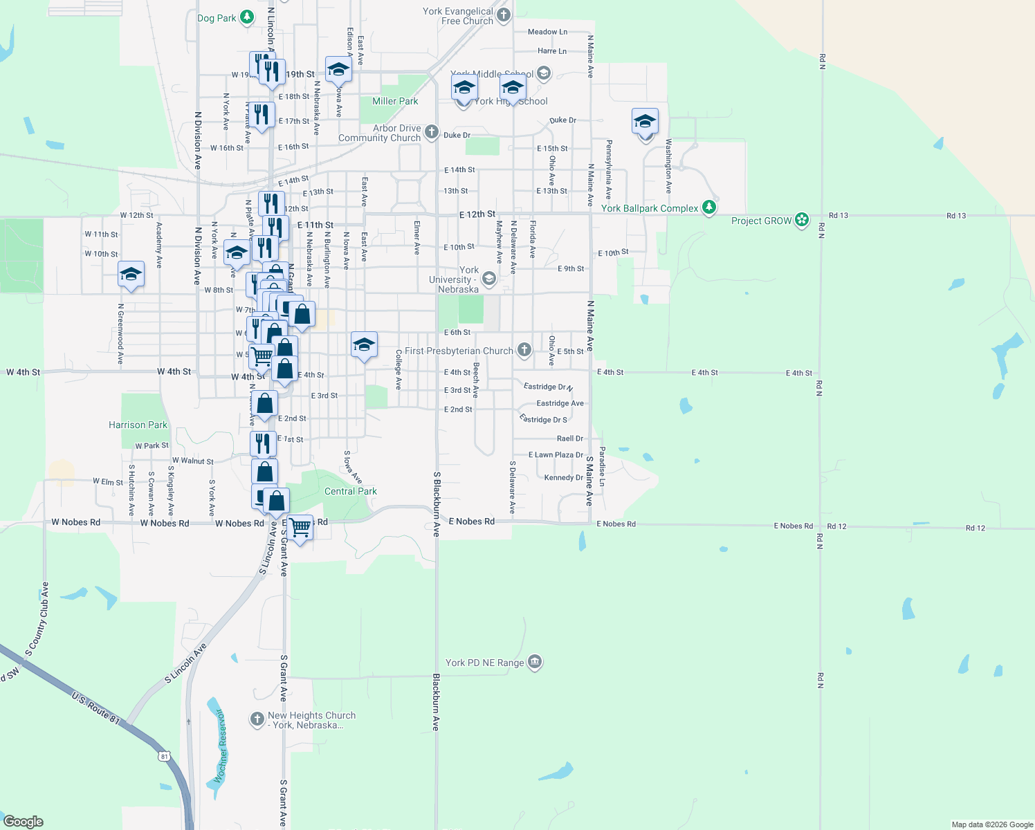 map of restaurants, bars, coffee shops, grocery stores, and more near 2 Eastridge Drive South in York