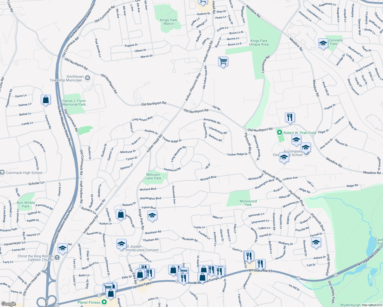 map of restaurants, bars, coffee shops, grocery stores, and more near 50 Fleetwood Road in Commack