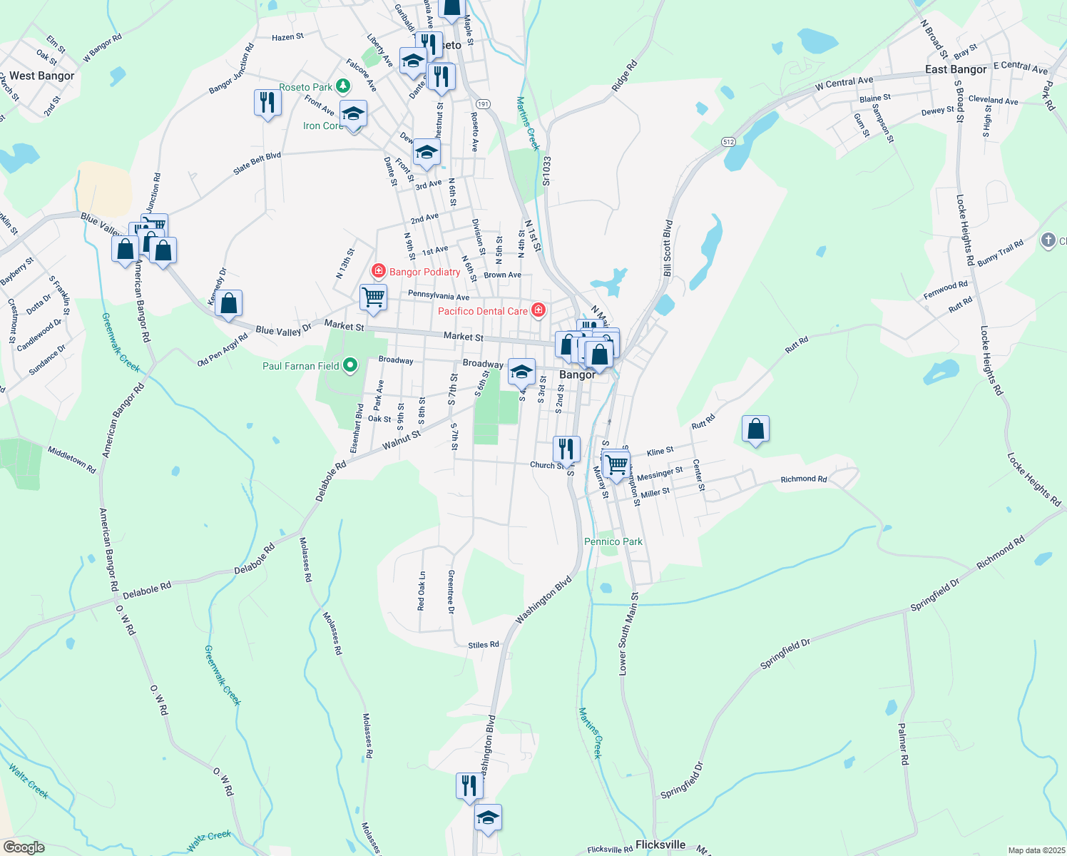 map of restaurants, bars, coffee shops, grocery stores, and more near 332 South 3rd Street in Bangor