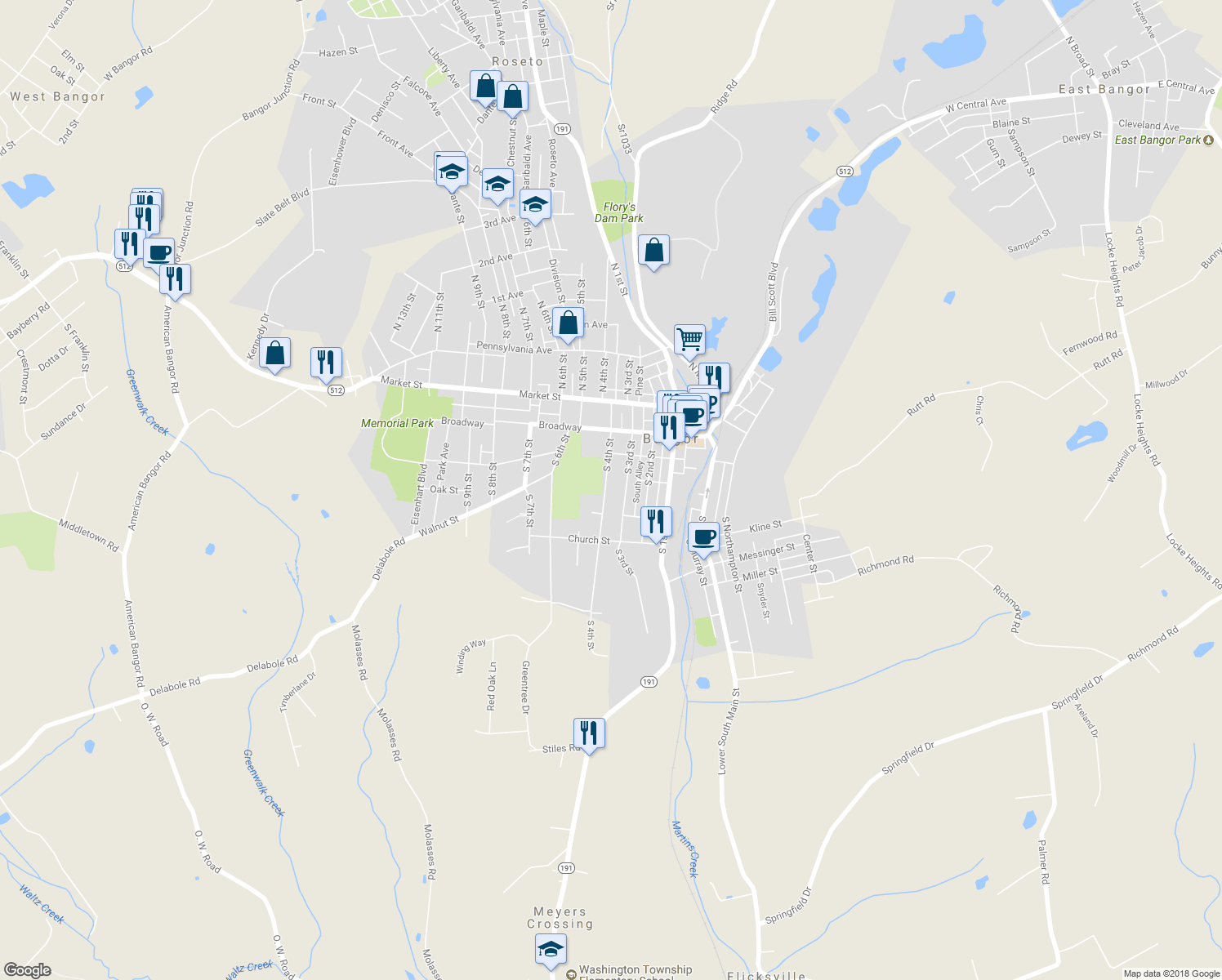 map of restaurants, bars, coffee shops, grocery stores, and more near 323 South 4th Street in Bangor