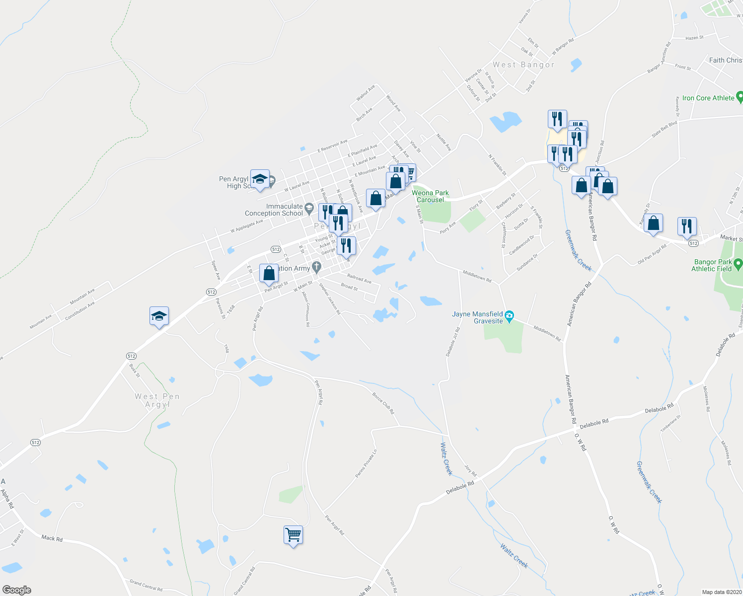 map of restaurants, bars, coffee shops, grocery stores, and more near 519 Broad Street in Pen Argyl