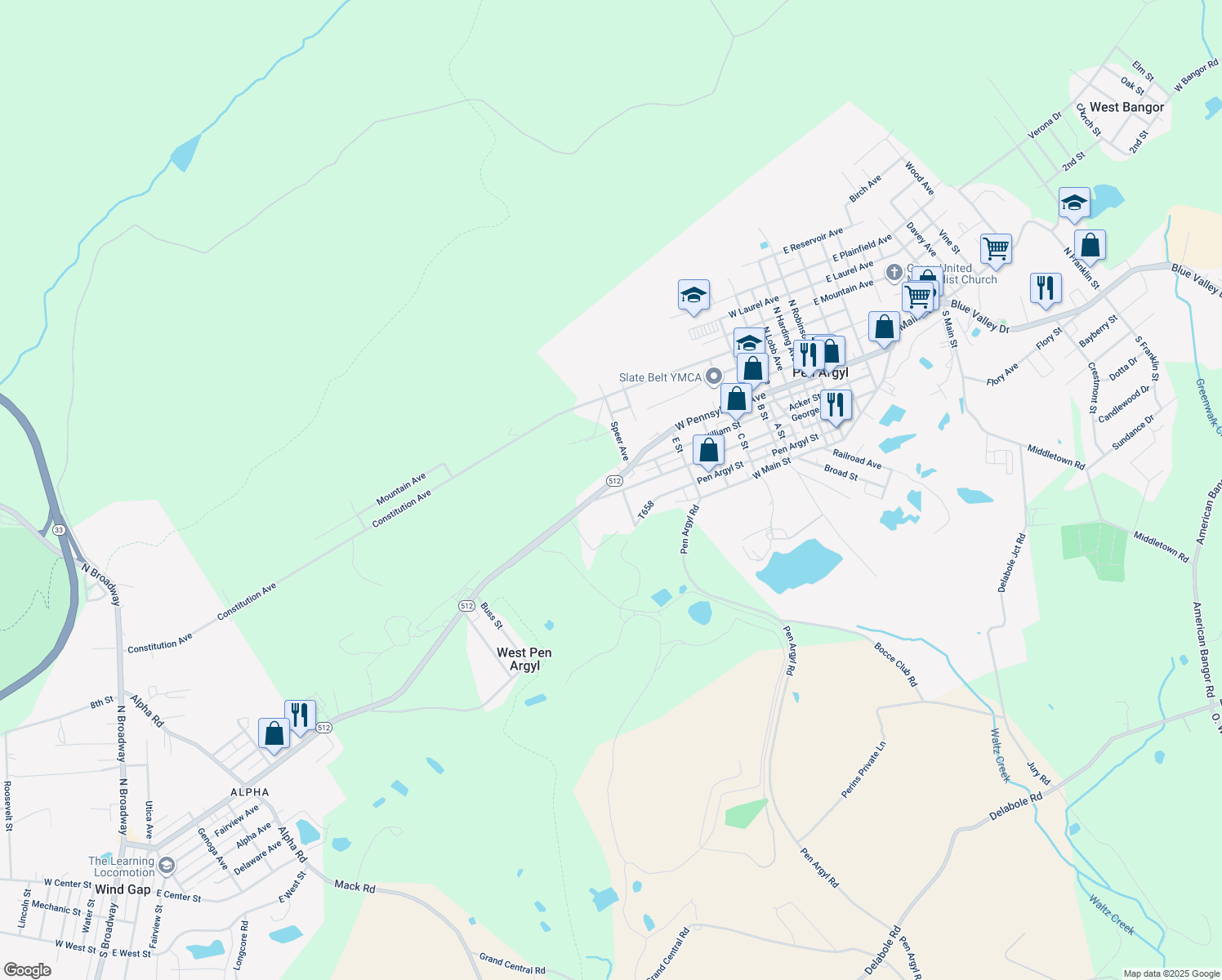 map of restaurants, bars, coffee shops, grocery stores, and more near 935 George St in Pen Argyl