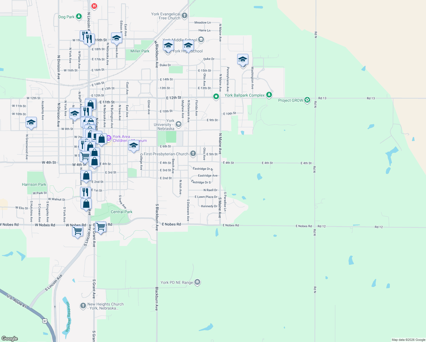 map of restaurants, bars, coffee shops, grocery stores, and more near 11 Eastridge Drive North in York