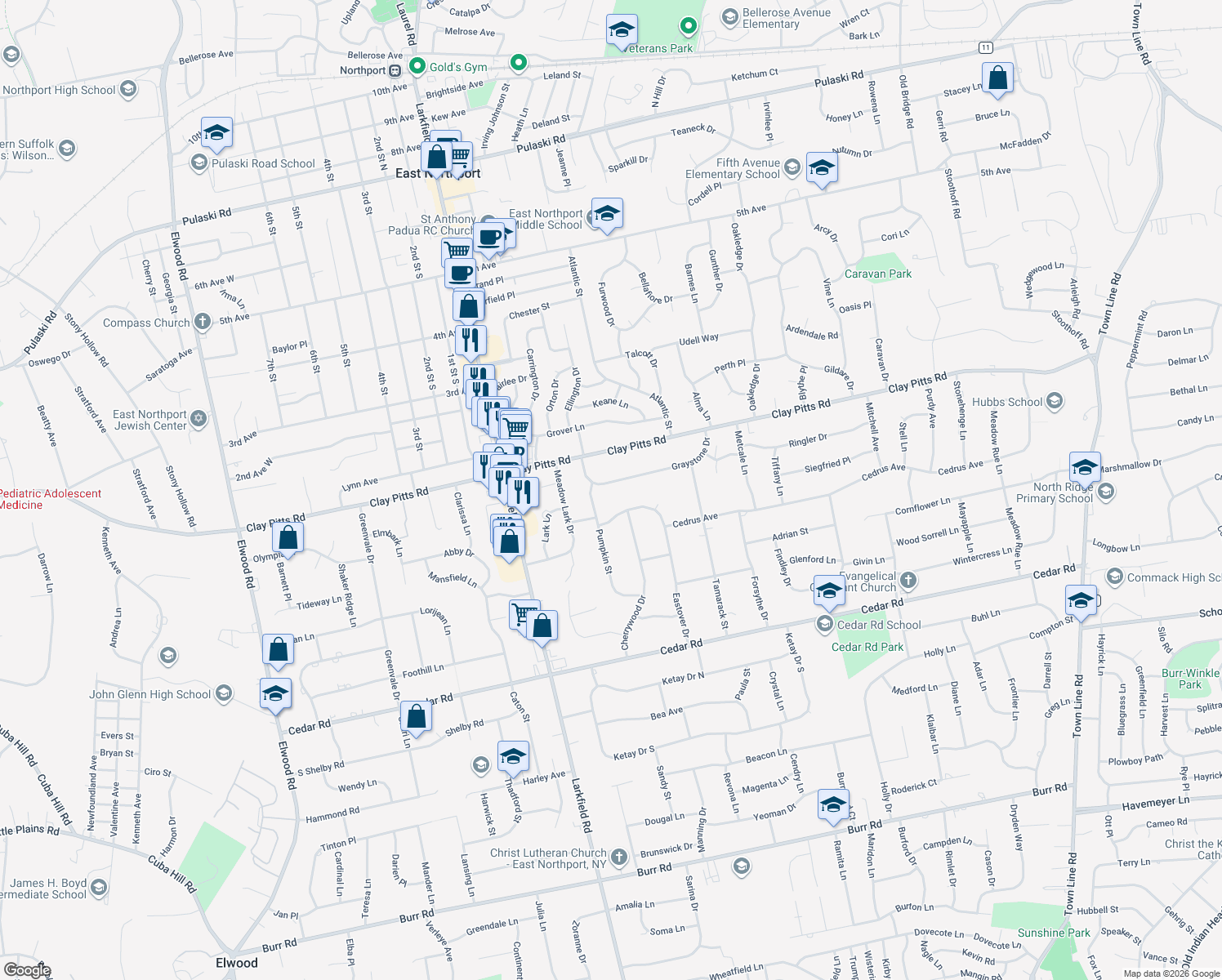 map of restaurants, bars, coffee shops, grocery stores, and more near 15 Graystone Drive in East Northport