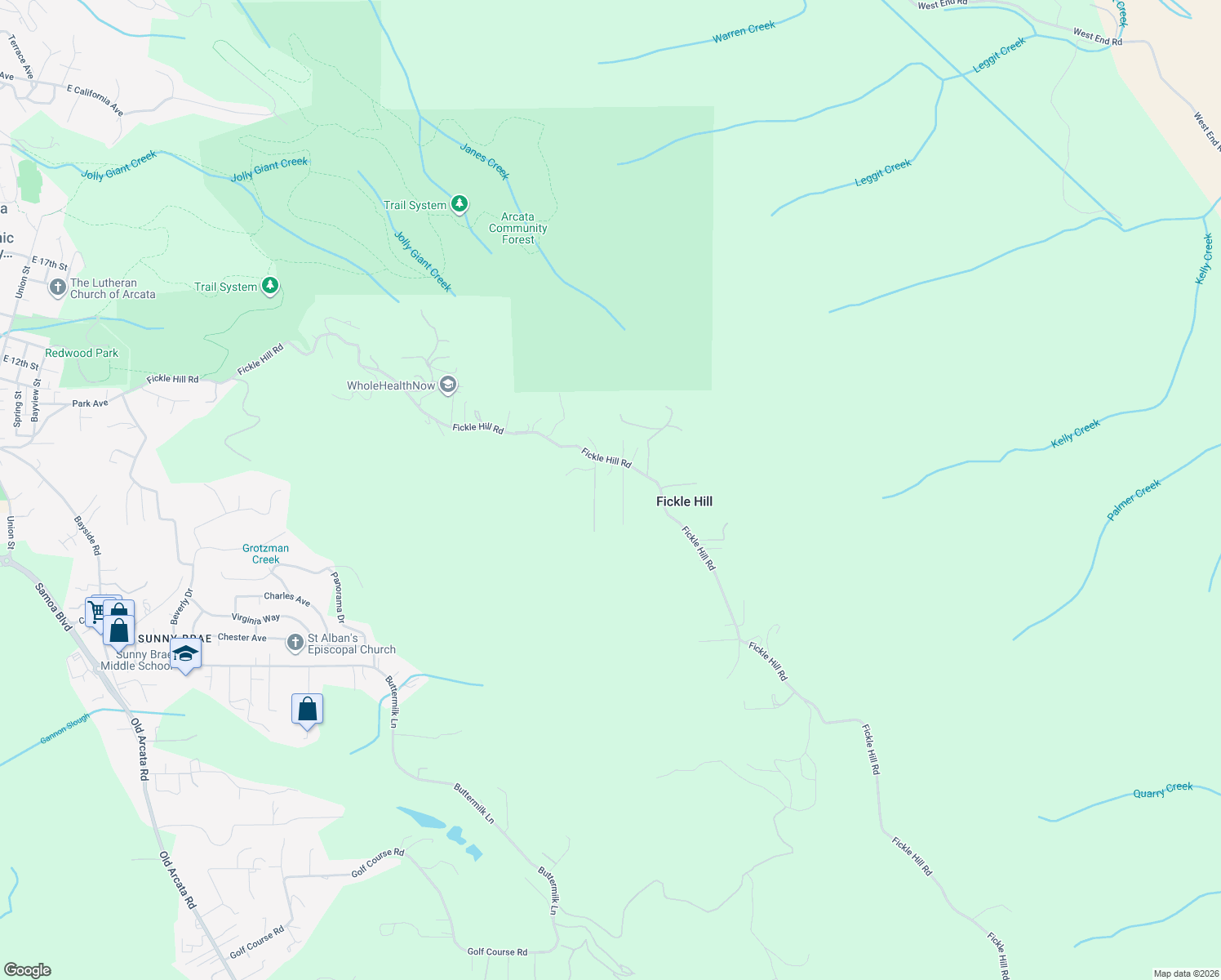 map of restaurants, bars, coffee shops, grocery stores, and more near 78 Wagon Jack Lane in Arcata