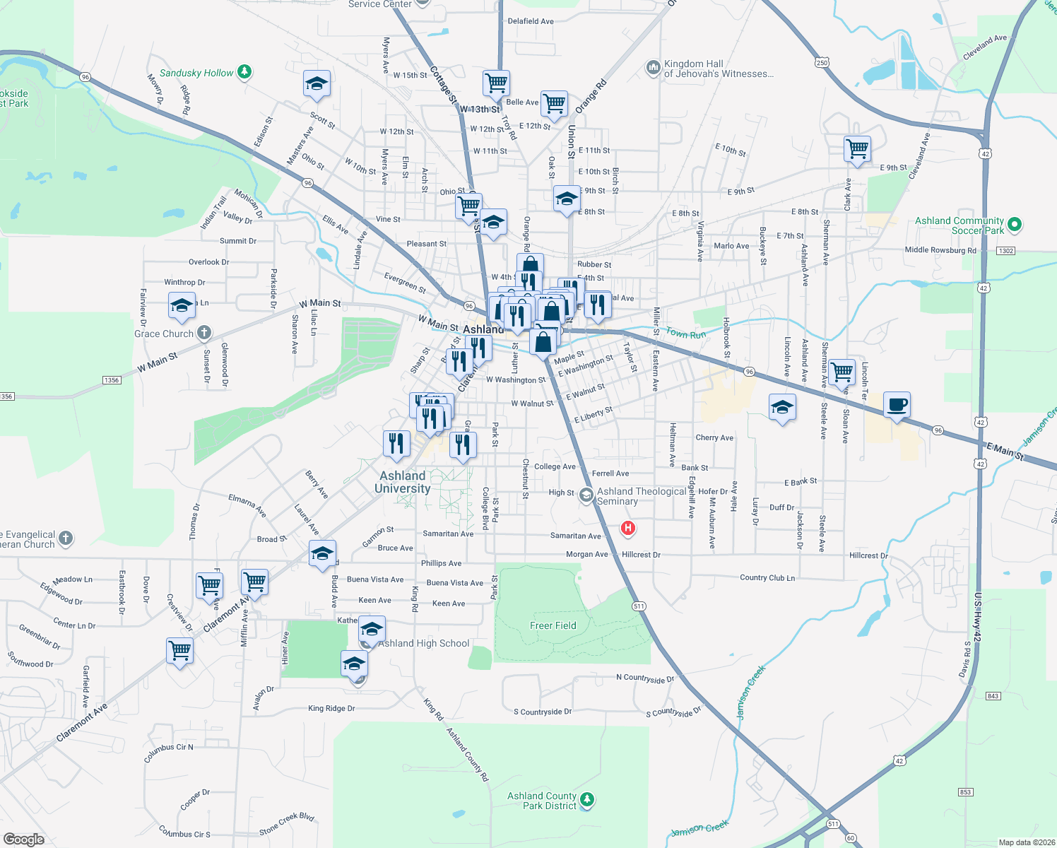 map of restaurants, bars, coffee shops, grocery stores, and more near 533 Chestnut Street in Ashland