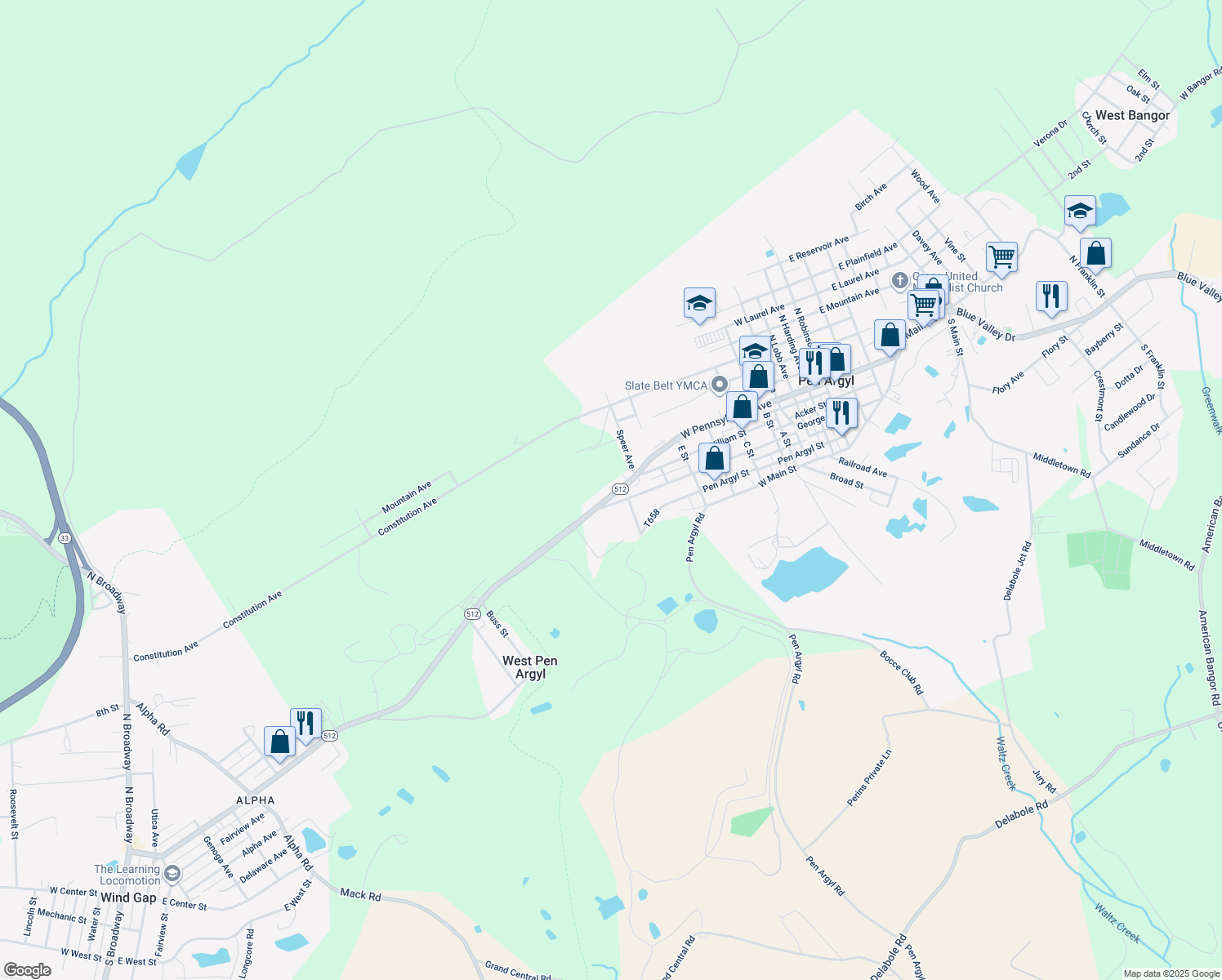 map of restaurants, bars, coffee shops, grocery stores, and more near 837 West Pennsylvania Avenue in Pen Argyl