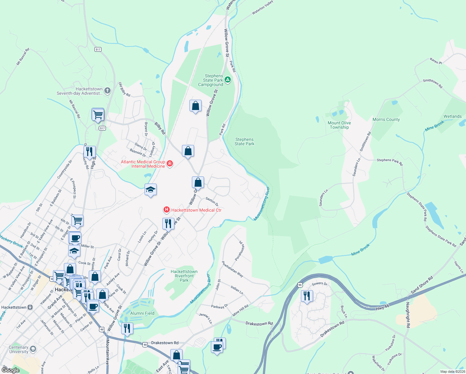 map of restaurants, bars, coffee shops, grocery stores, and more near 36 Helm's Mill Rd in Hackettstown