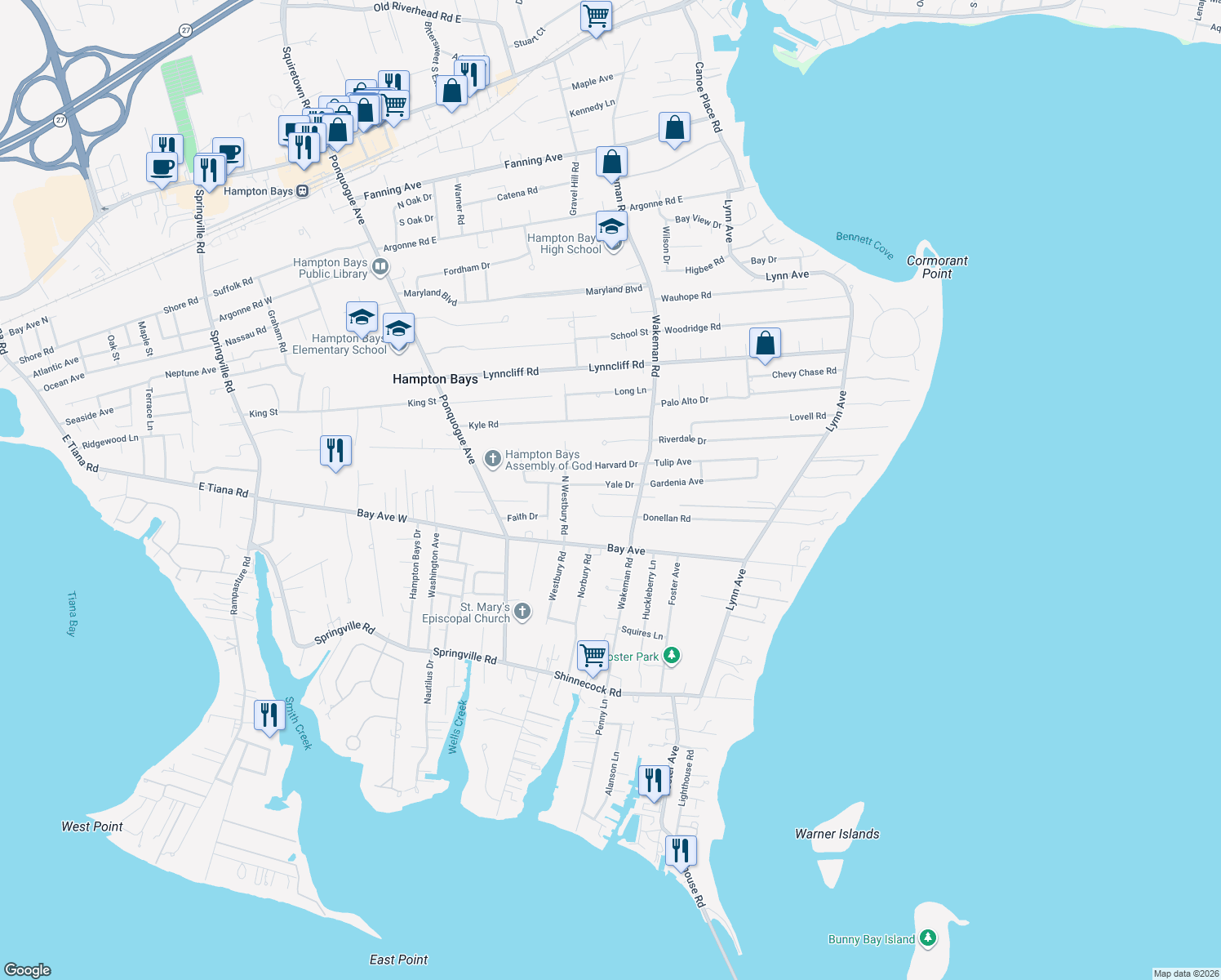 map of restaurants, bars, coffee shops, grocery stores, and more near 9 Yale Dr in Hampton Bays
