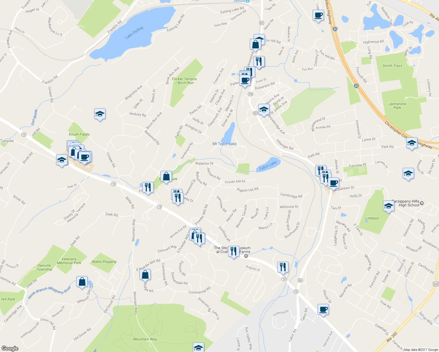 map of restaurants, bars, coffee shops, grocery stores, and more near 3 Jamaica Road in Morris Plains