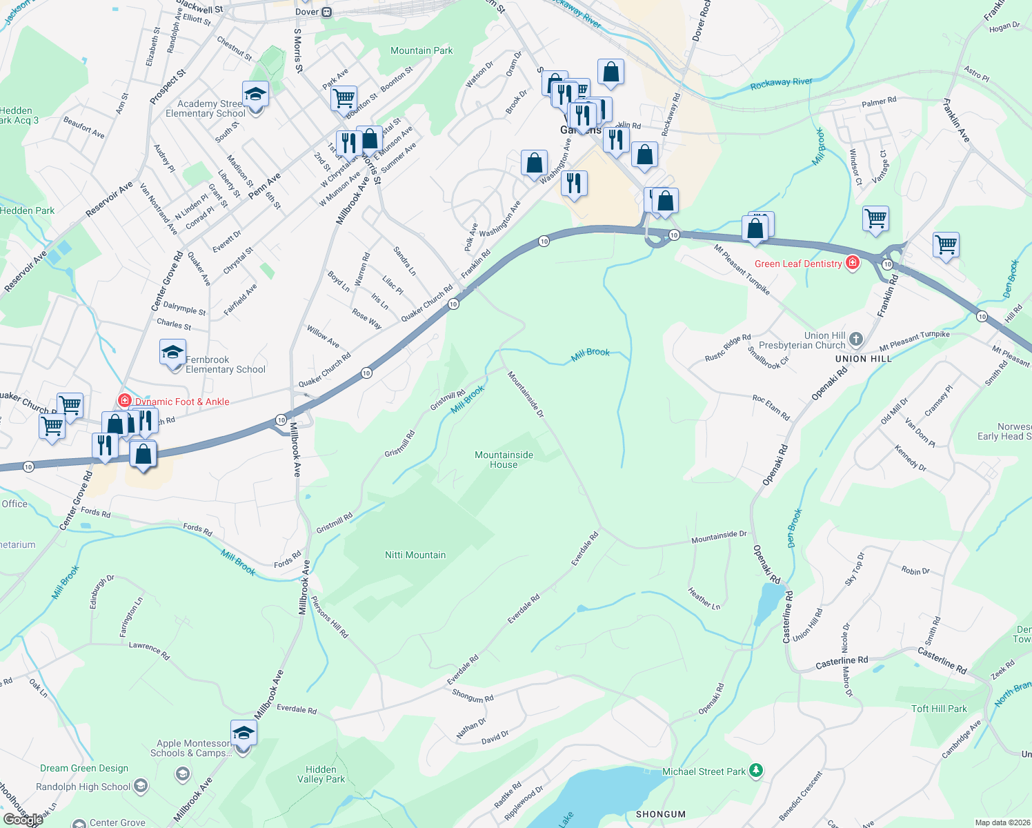 map of restaurants, bars, coffee shops, grocery stores, and more near 55 Mountainside Drive in Randolph