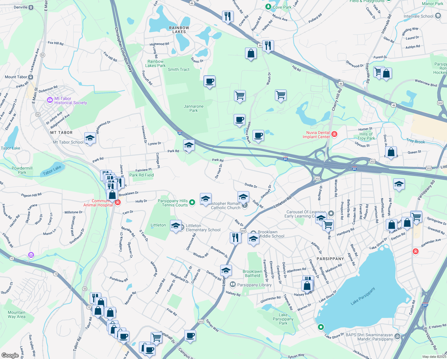 map of restaurants, bars, coffee shops, grocery stores, and more near 15 Hennion Drive in Parsippany-Troy Hills