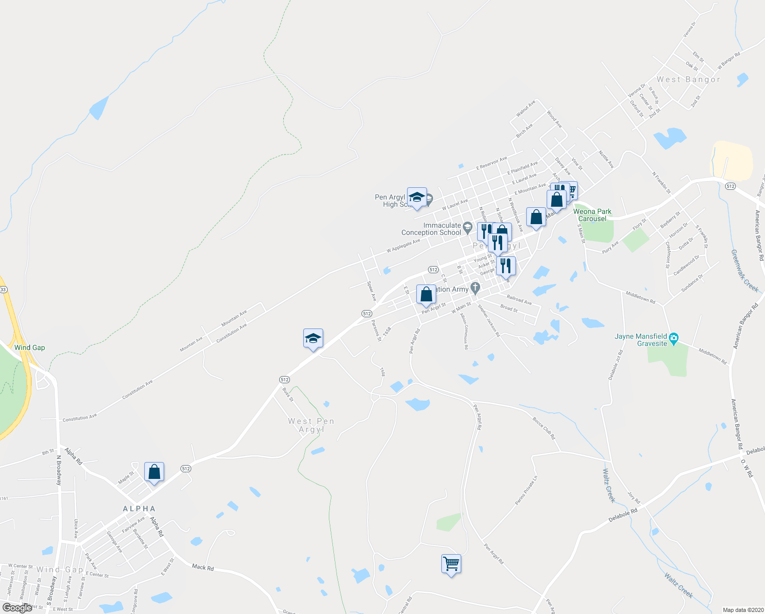 map of restaurants, bars, coffee shops, grocery stores, and more near 826 William Street in Pen Argyl