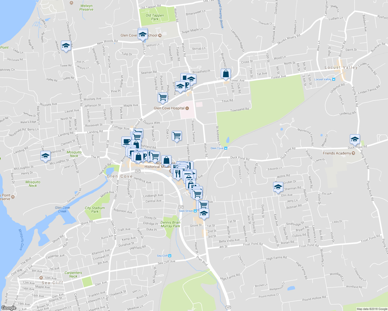 map of restaurants, bars, coffee shops, grocery stores, and more near 37 Town Path in Glen Cove