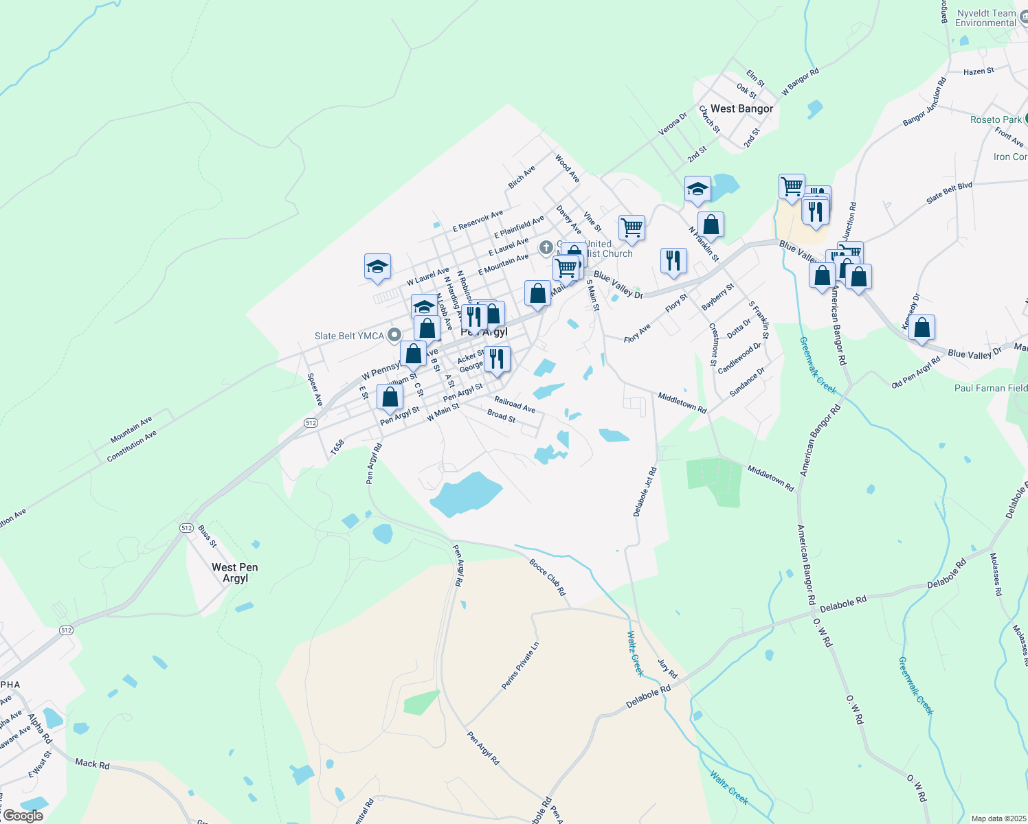 map of restaurants, bars, coffee shops, grocery stores, and more near 484 Broad Street in Pen Argyl