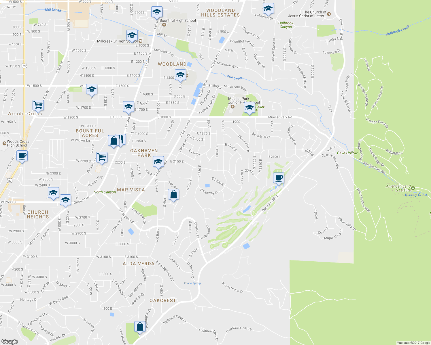 map of restaurants, bars, coffee shops, grocery stores, and more near 842 East 2150 South in Bountiful