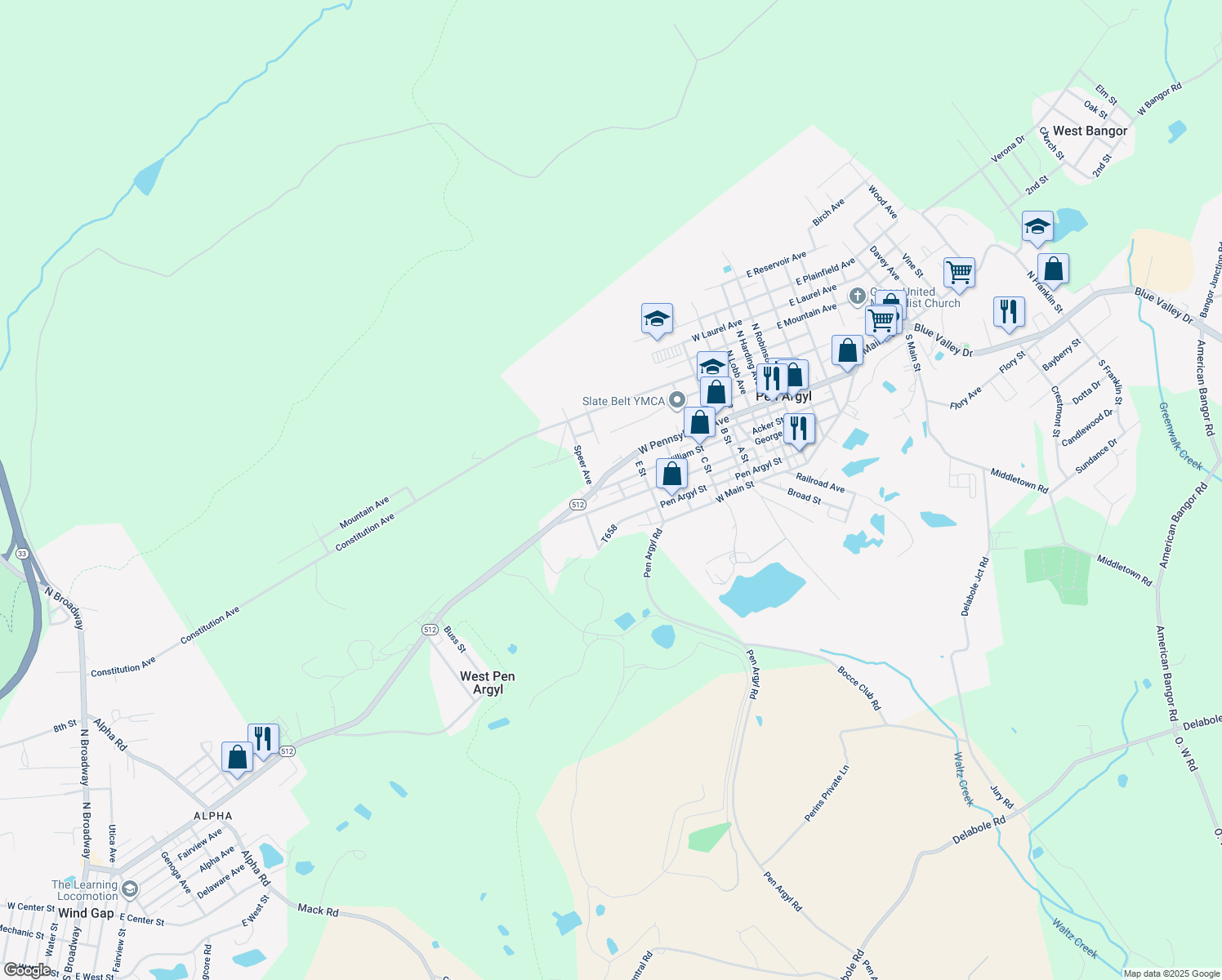 map of restaurants, bars, coffee shops, grocery stores, and more near 816 William Street in Pen Argyl