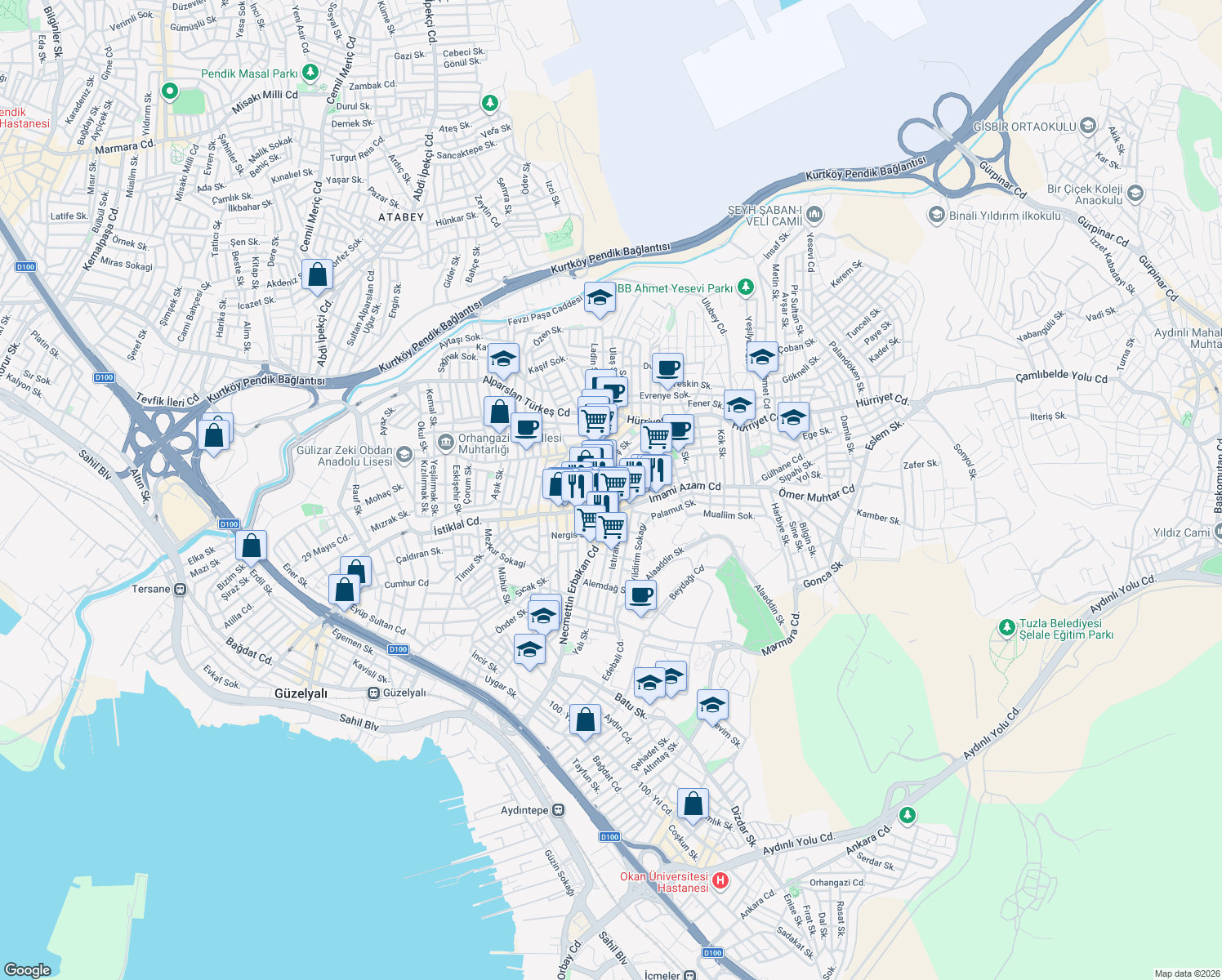 map of restaurants, bars, coffee shops, grocery stores, and more near in Pendik