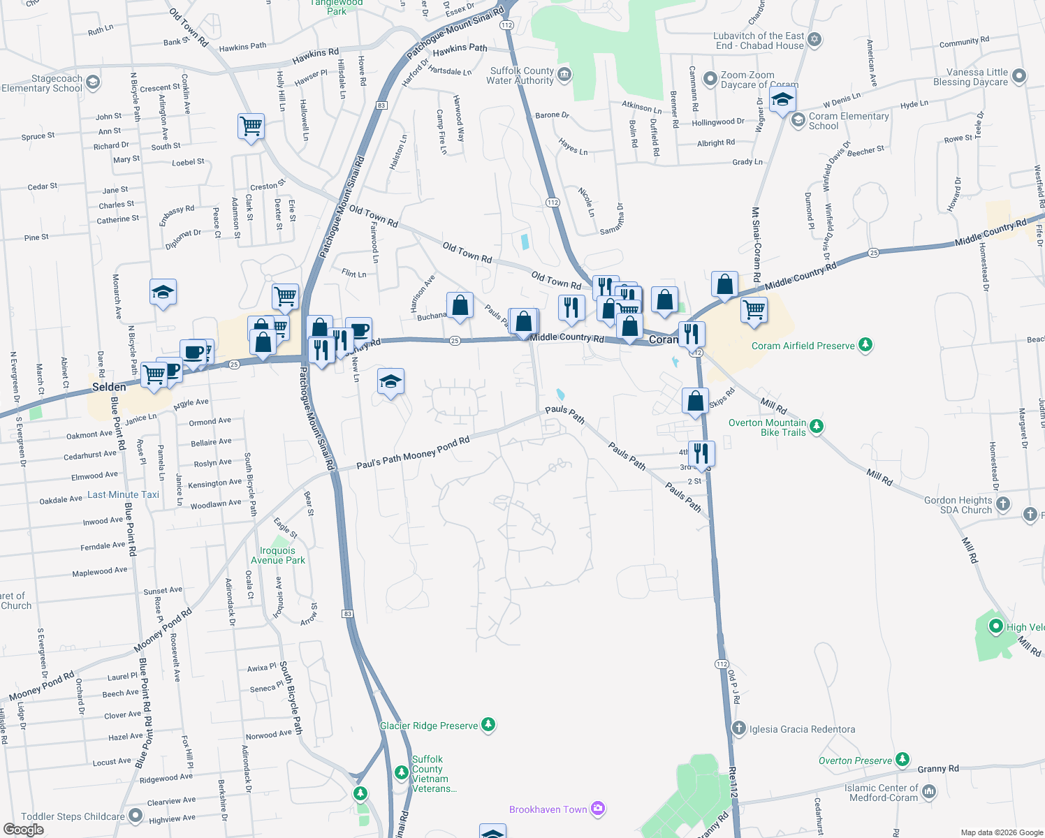 map of restaurants, bars, coffee shops, grocery stores, and more near 19 Mooney Pond Road in Coram