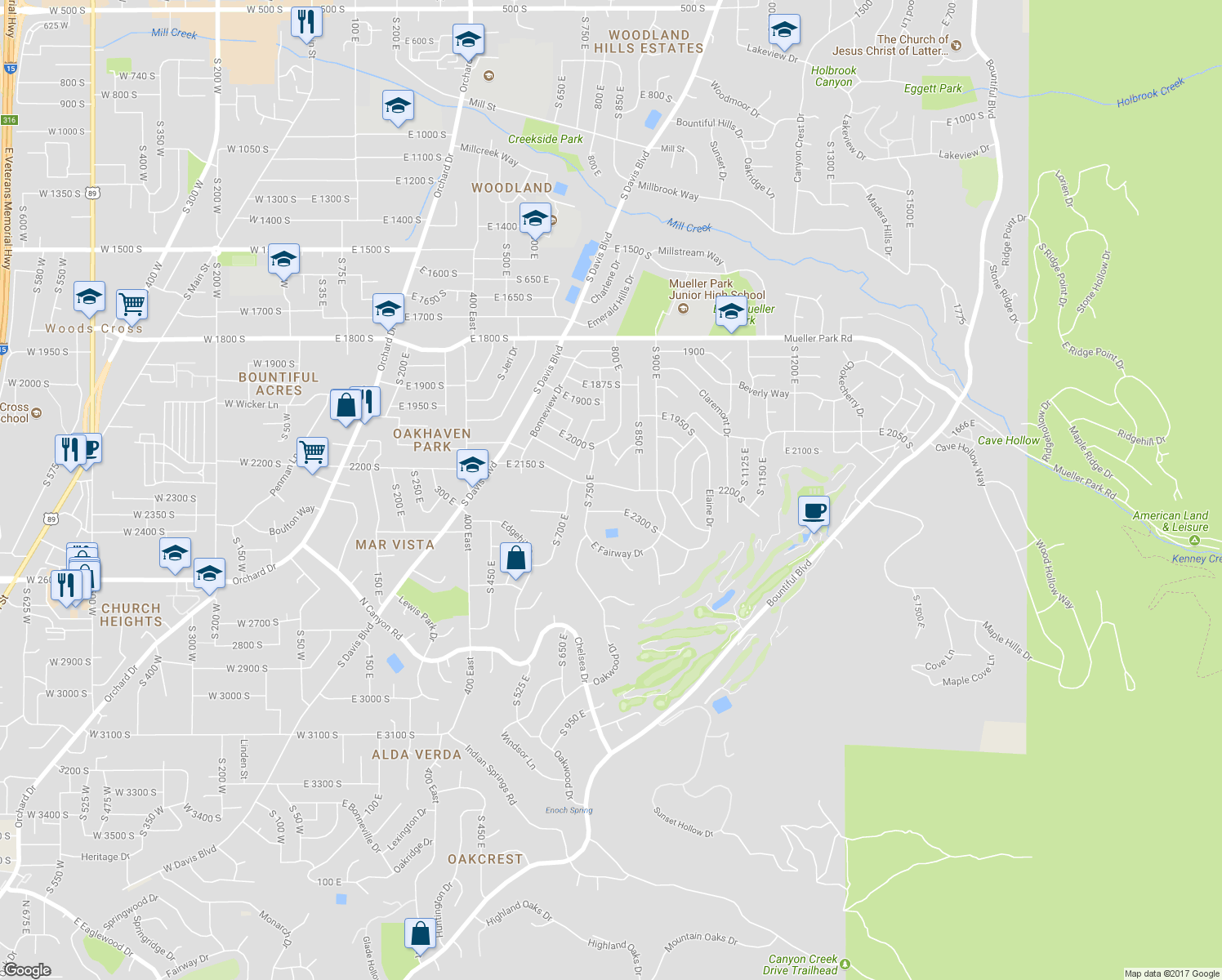 map of restaurants, bars, coffee shops, grocery stores, and more near 784 East 2150 South in Bountiful