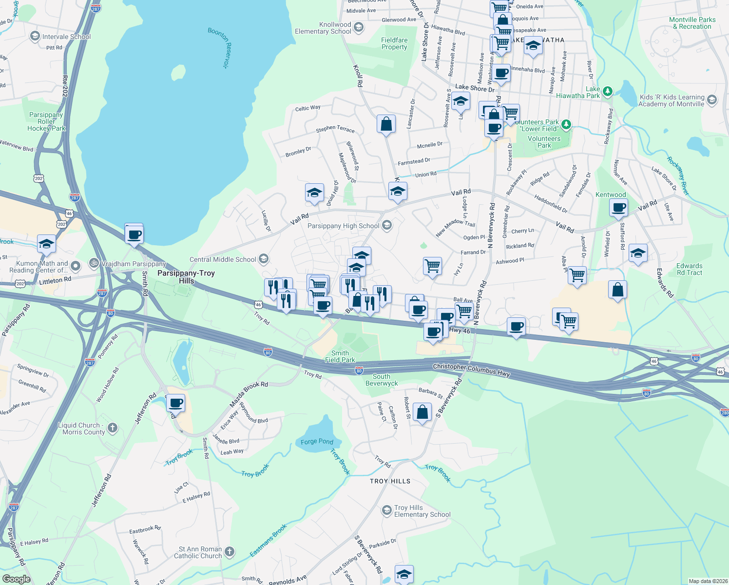 map of restaurants, bars, coffee shops, grocery stores, and more near 189 Baldwin Rd in Parsippany-Troy Hills