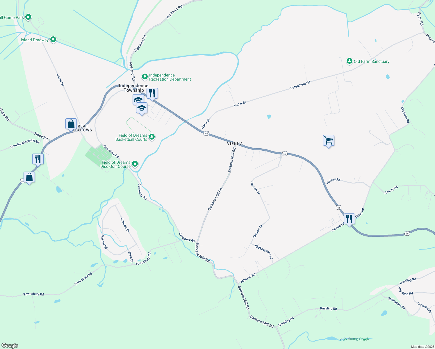 map of restaurants, bars, coffee shops, grocery stores, and more near 18A Barkers Mill Road in Hackettstown